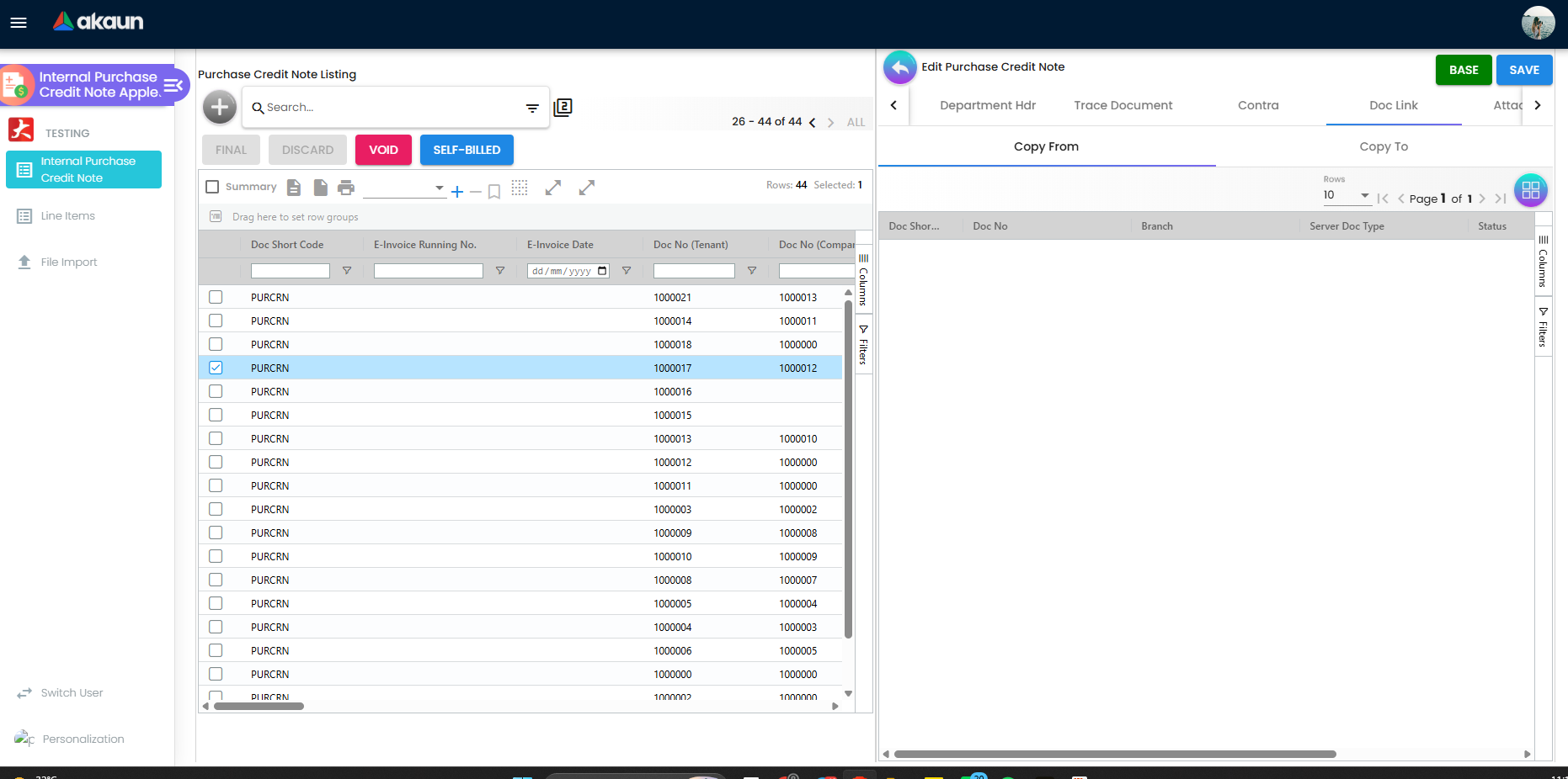 Doc Link tab on purchase credit note for linking related documents
