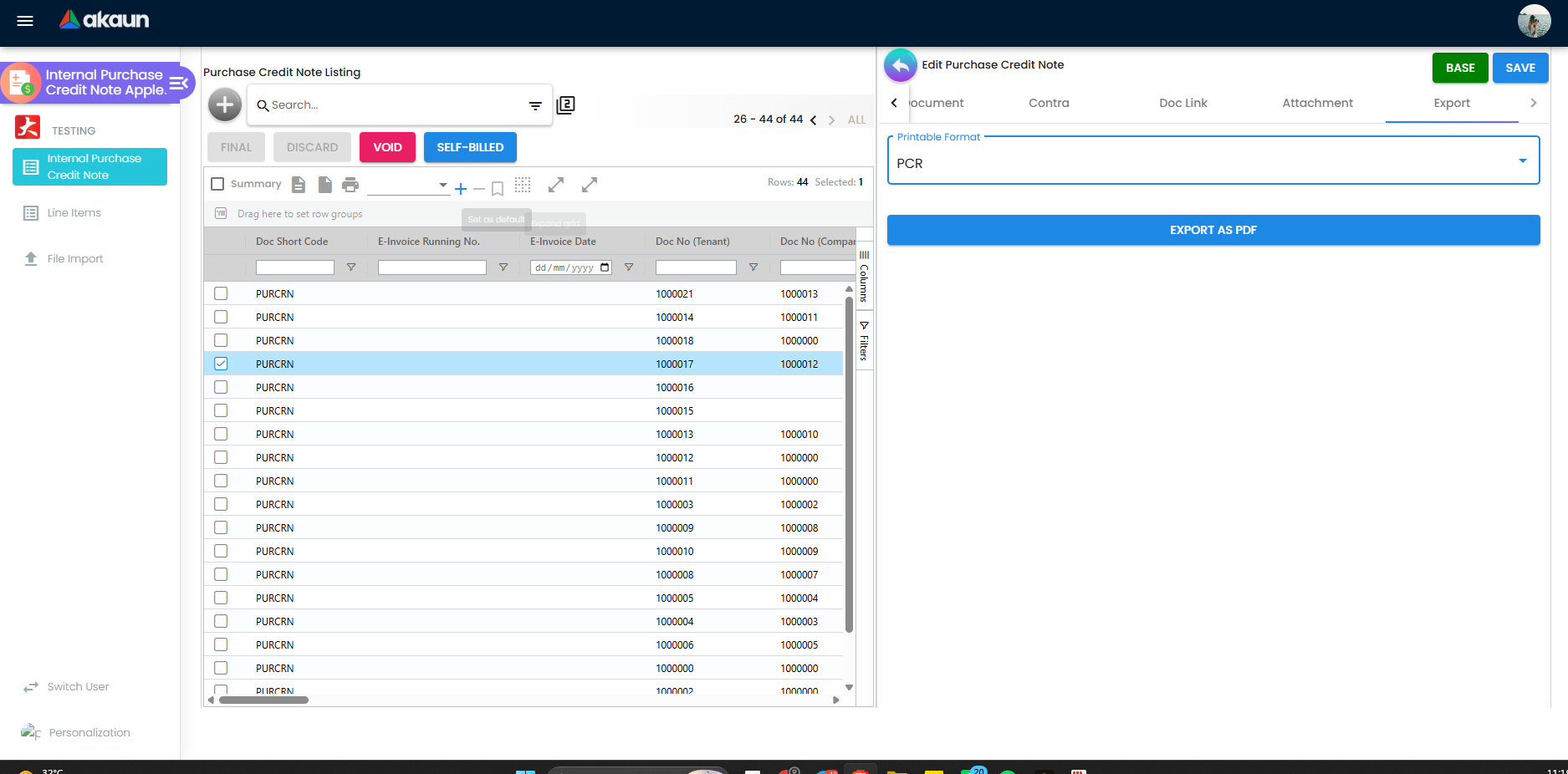 Export tab on purchase credit note for data extracts