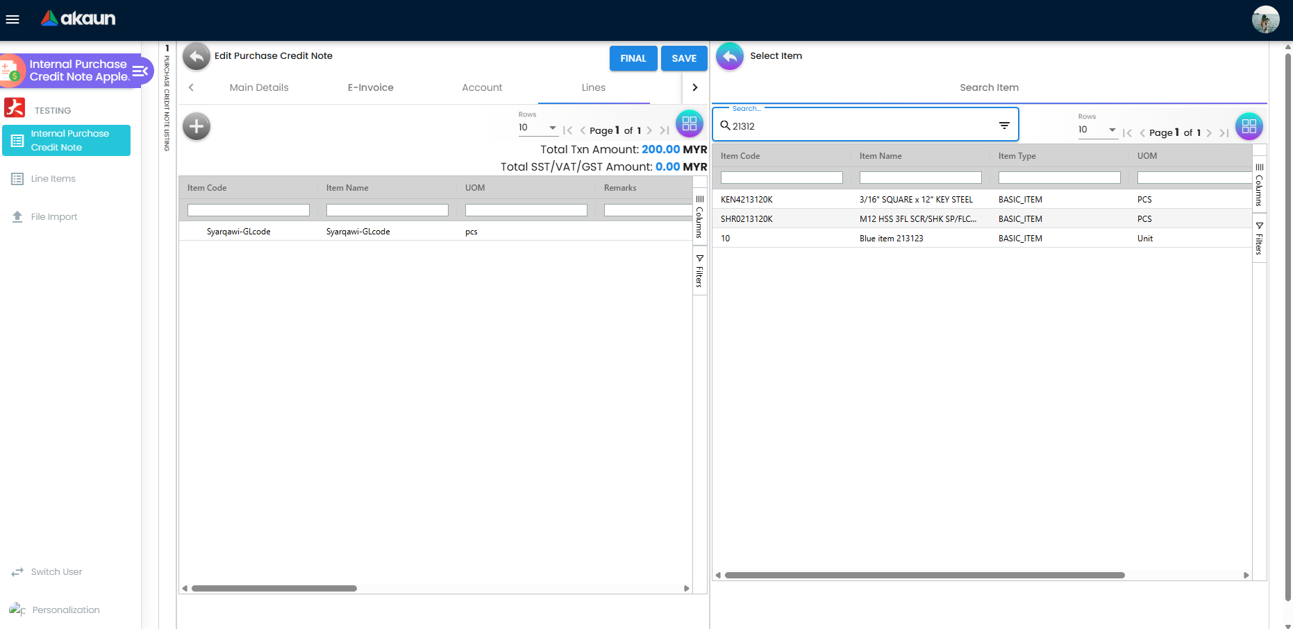 Lines tab showing credit line items with item code, quantity, unit price, and amounts