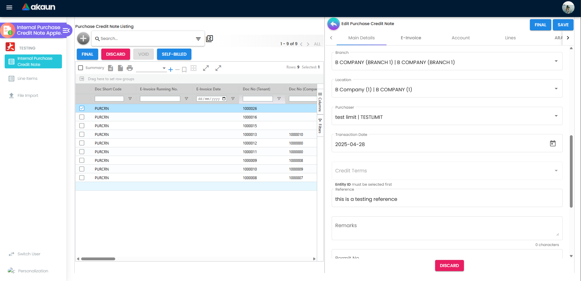 Main Details tab on an open purchase credit note showing header fields, branch, dates, and references