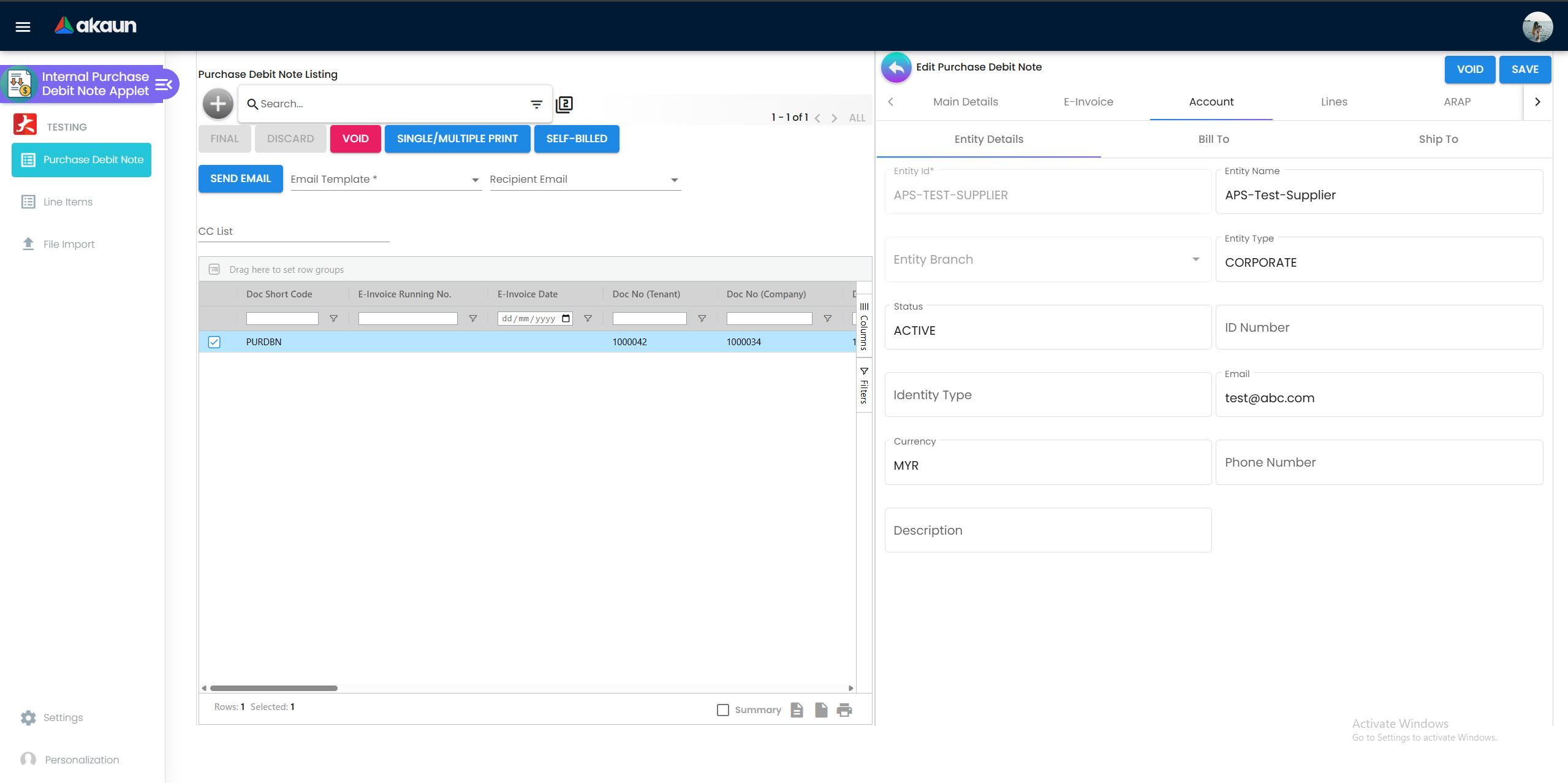 Purchase Debit Note Account Tab