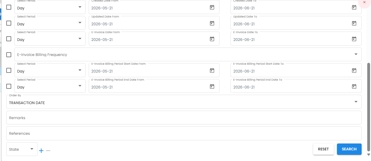 Advanced Search panel scrolled to the Posting Status multi-select filter showing DRAFT, FINAL, VOID, and DISCARDED options