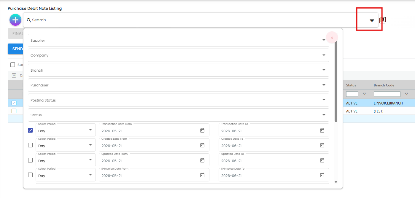 Listing toolbar with the hamburger icon highlighted - clicking it opens the Advanced Search panel