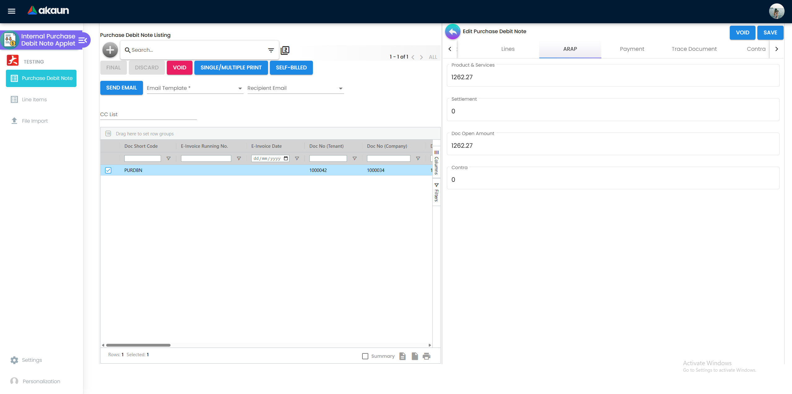 Purchase Debit Note ARAP Tab