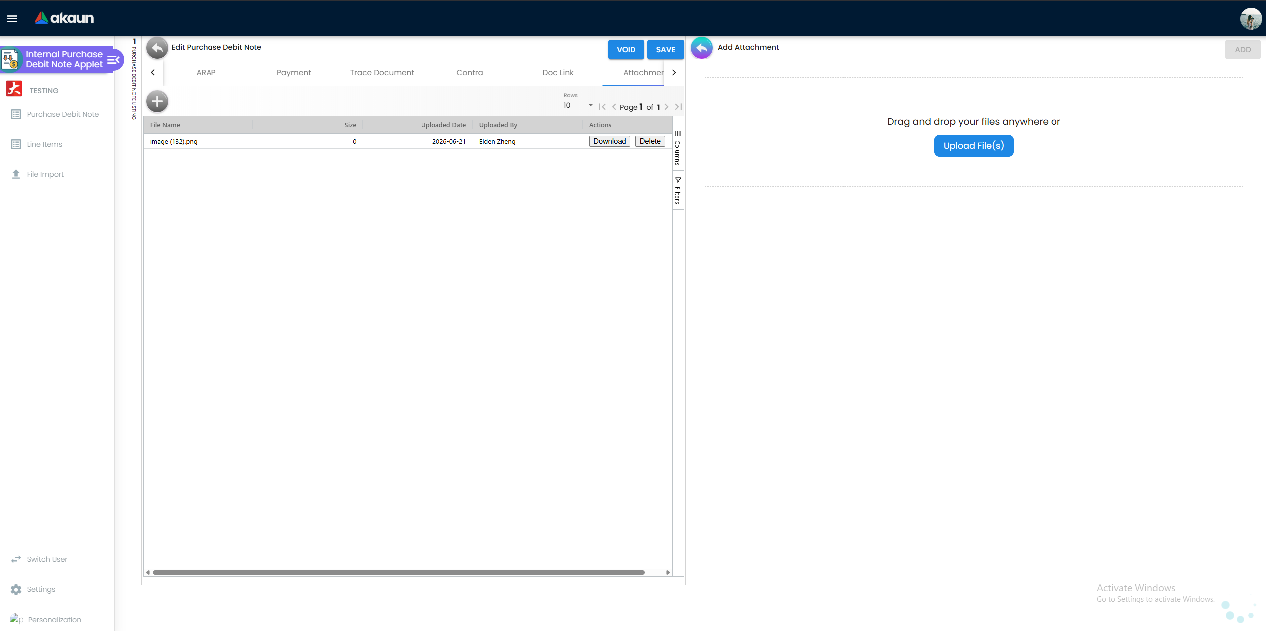 Attachments tab listing supporting files uploaded against this Purchase Debit Note - PDFs, images, and supplier correspondence