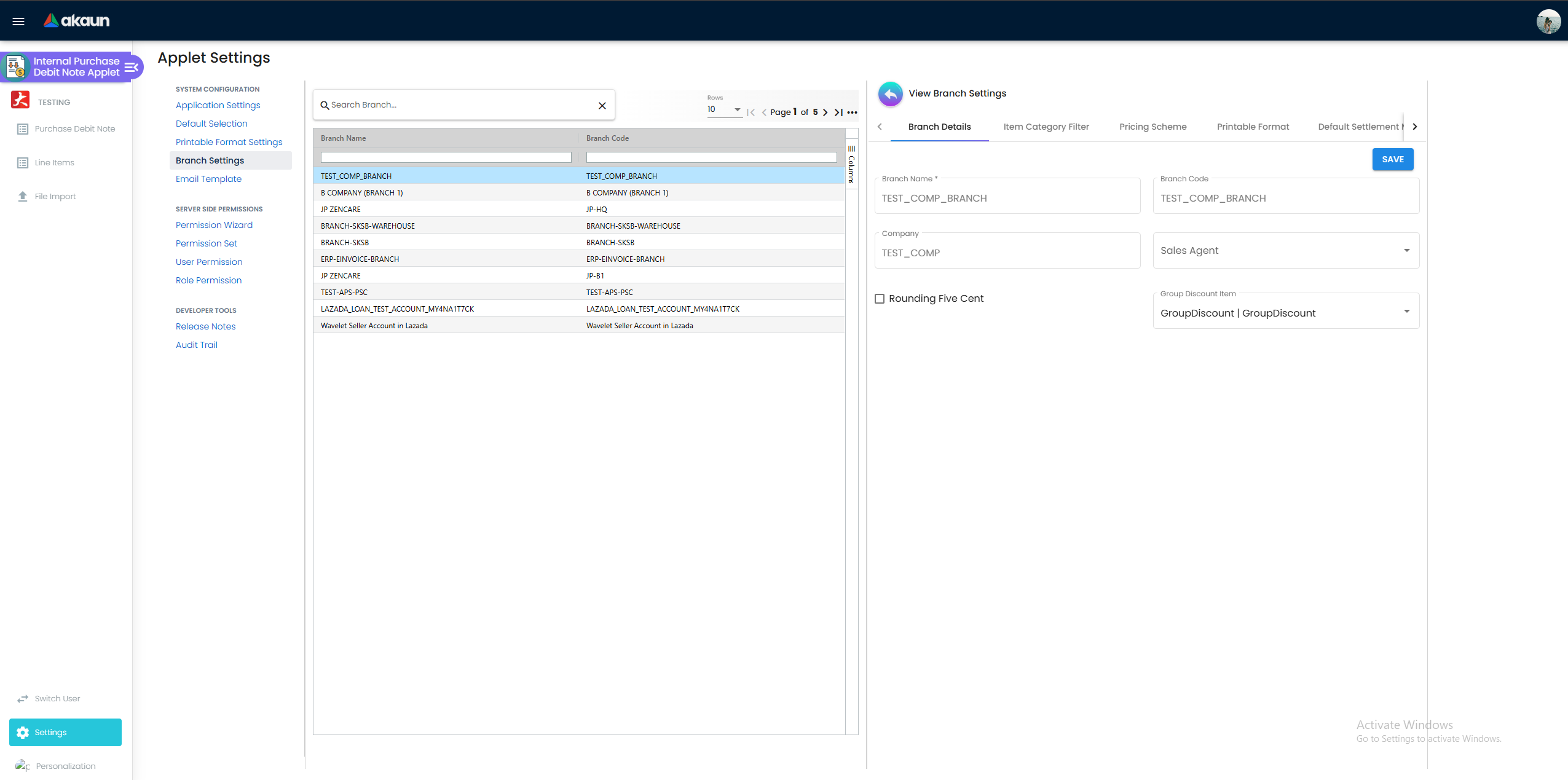 Branch Settings screen showing the listing of branches and the per-branch configuration panel with operational defaults, allowed employees, item categories, pricing scheme, and printable format