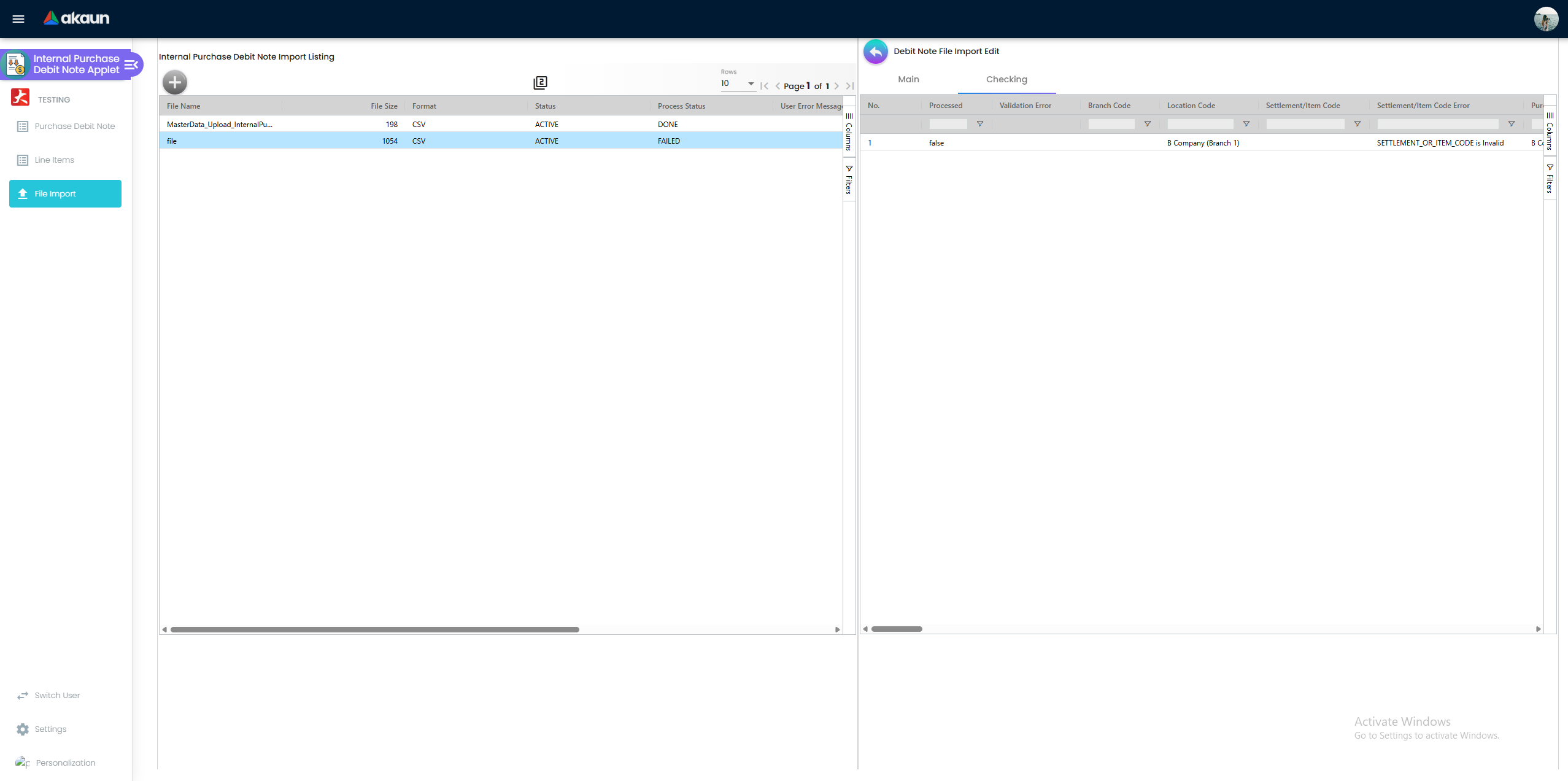 File Import Checking tab grid showing one imported row per CSV row, with error rows highlighted in red and a Validation Error column on the left