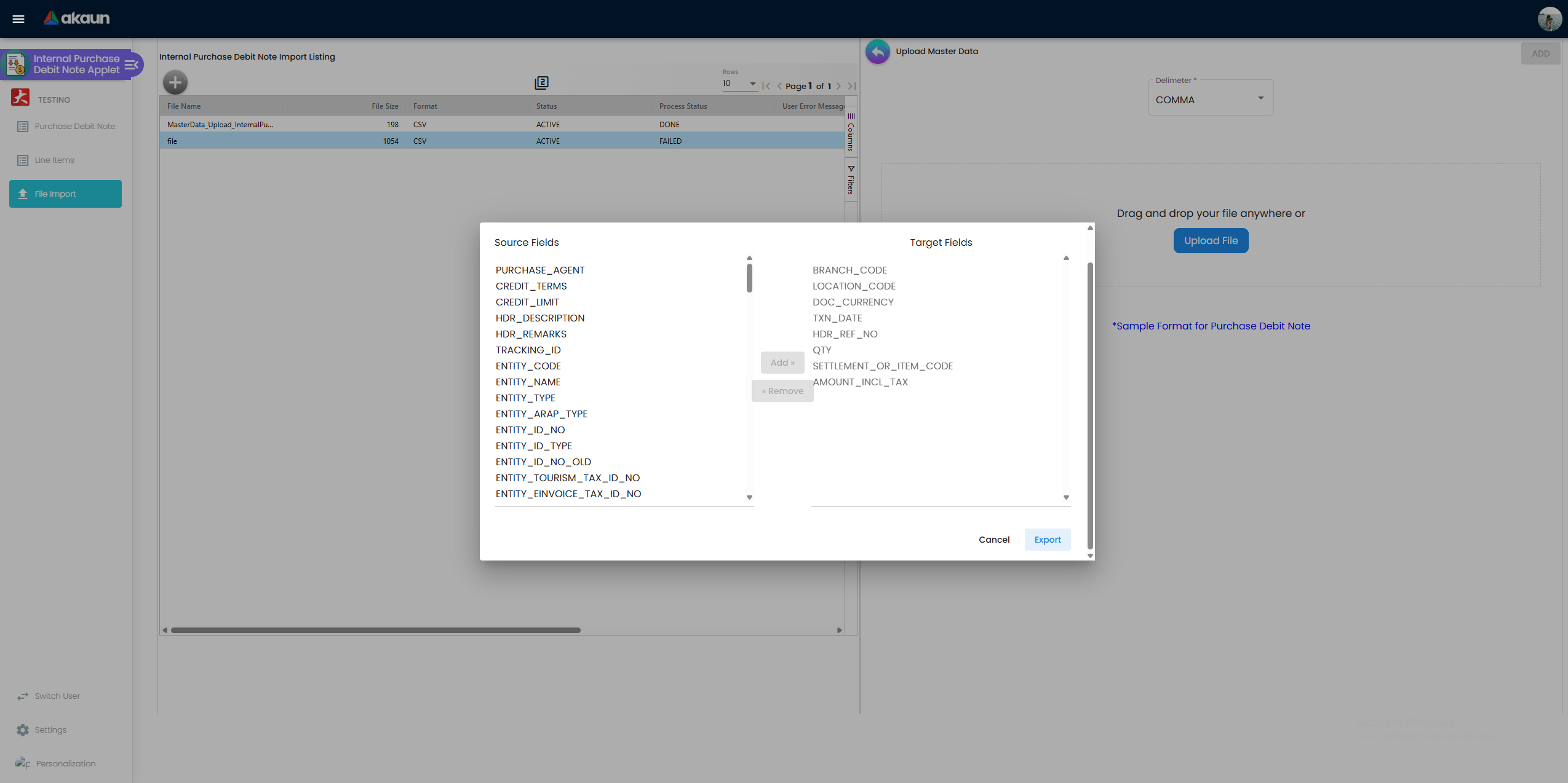 File Import upload screen showing the Sample Format for Purchase Debit Note download link, the Delimiter selector, and the file drag-and-drop area