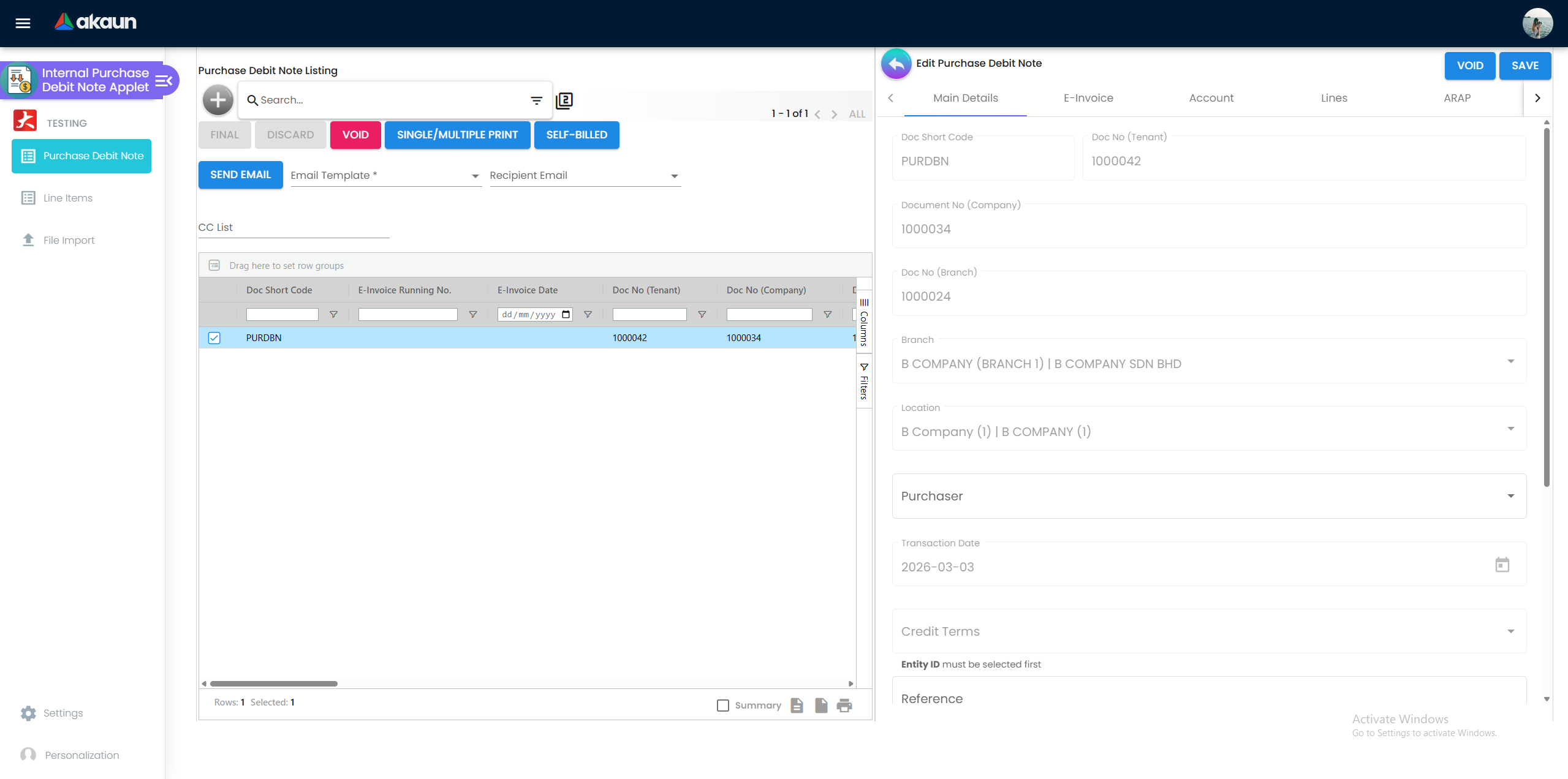 Purchase Debit Note Main Details