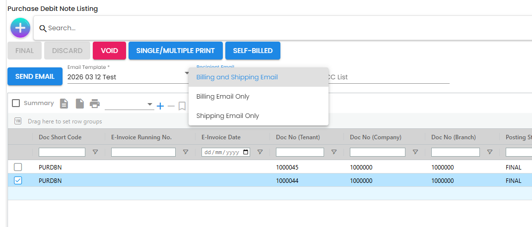 SEND EMAIL inline row showing the SEND EMAIL button, Email Template dropdown opened with a searchable template list, Recipient Email dropdown, and CC List text field - all on a single toolbar row