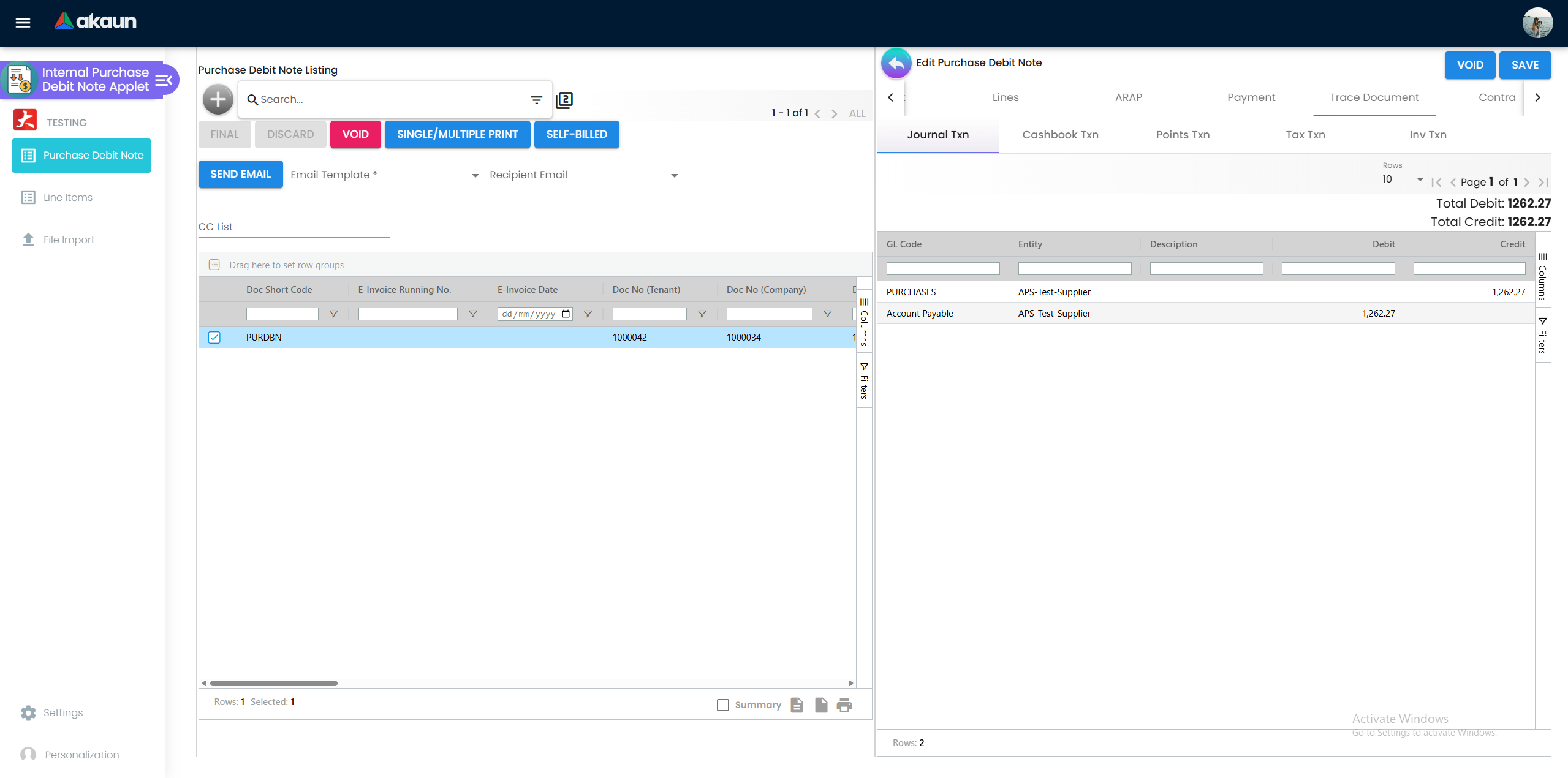 Purchase Debit Note Trace Document Tab