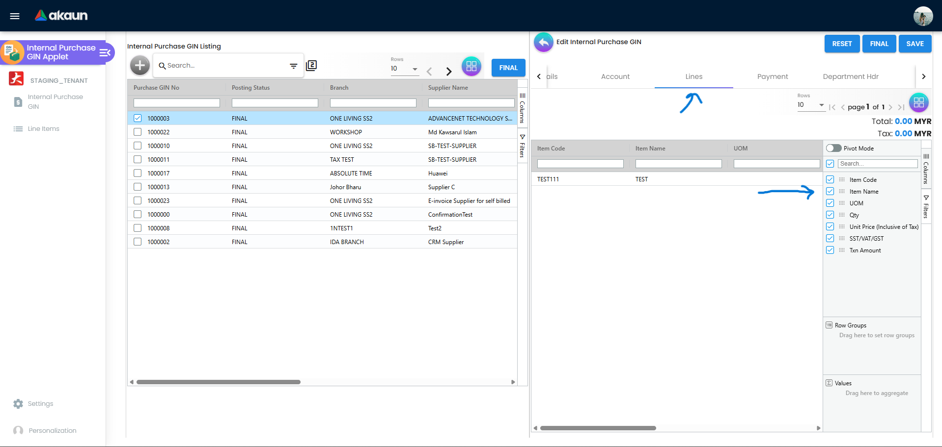 Lines Tab with Line Items