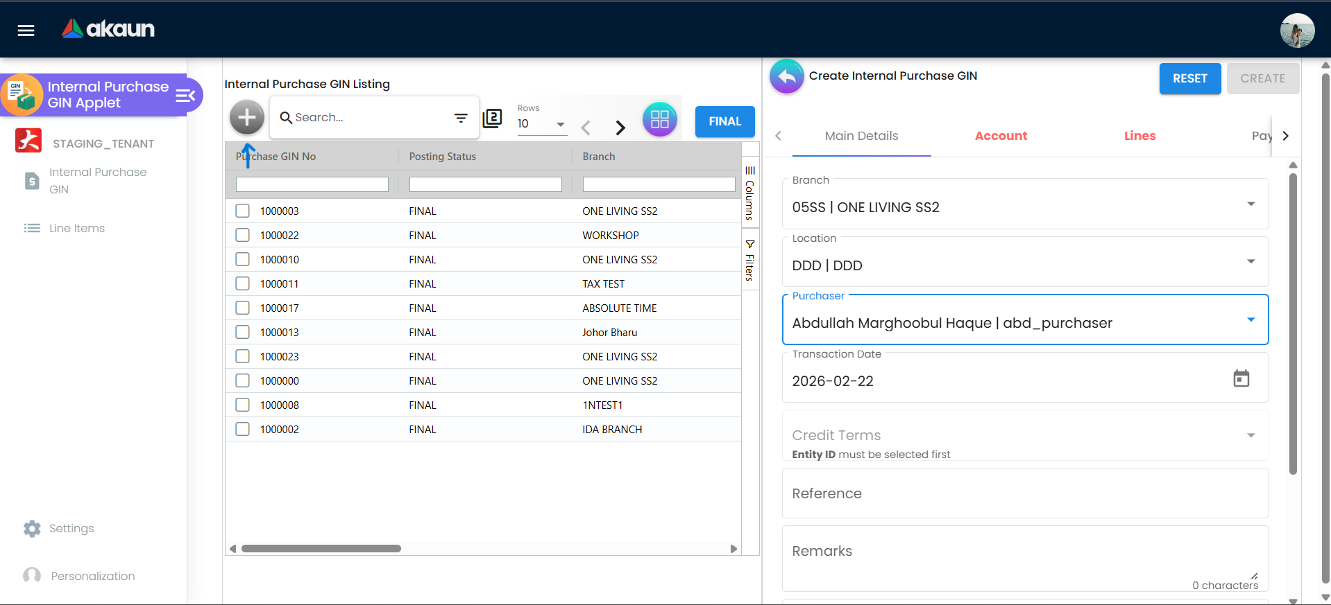 GIN Create Form - Main Details Tab