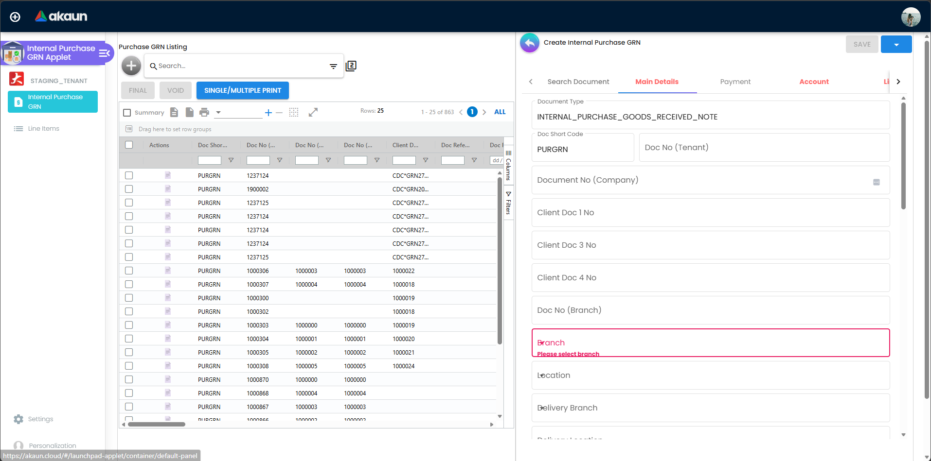 Purchase GRN (Internal) Create Form with header details and line item search