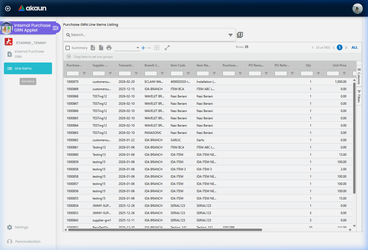 Purchase GRN (Internal) Line Items Listing showing detailed item-level receipt data