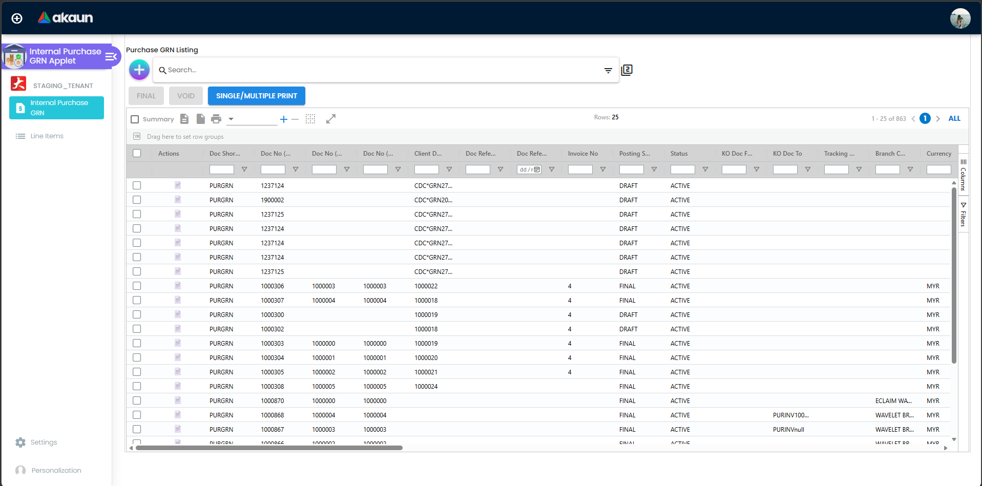 Purchase GRN (Internal) Main Listing showing document summary and status tabs
