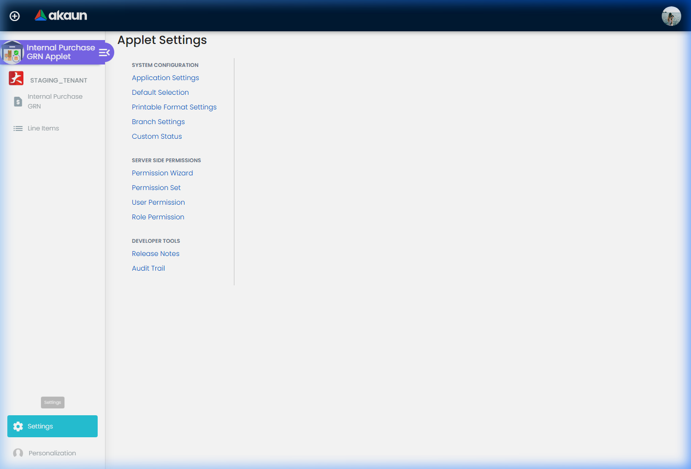 Purchase GRN (Internal) Settings page showing system configuration and permission options