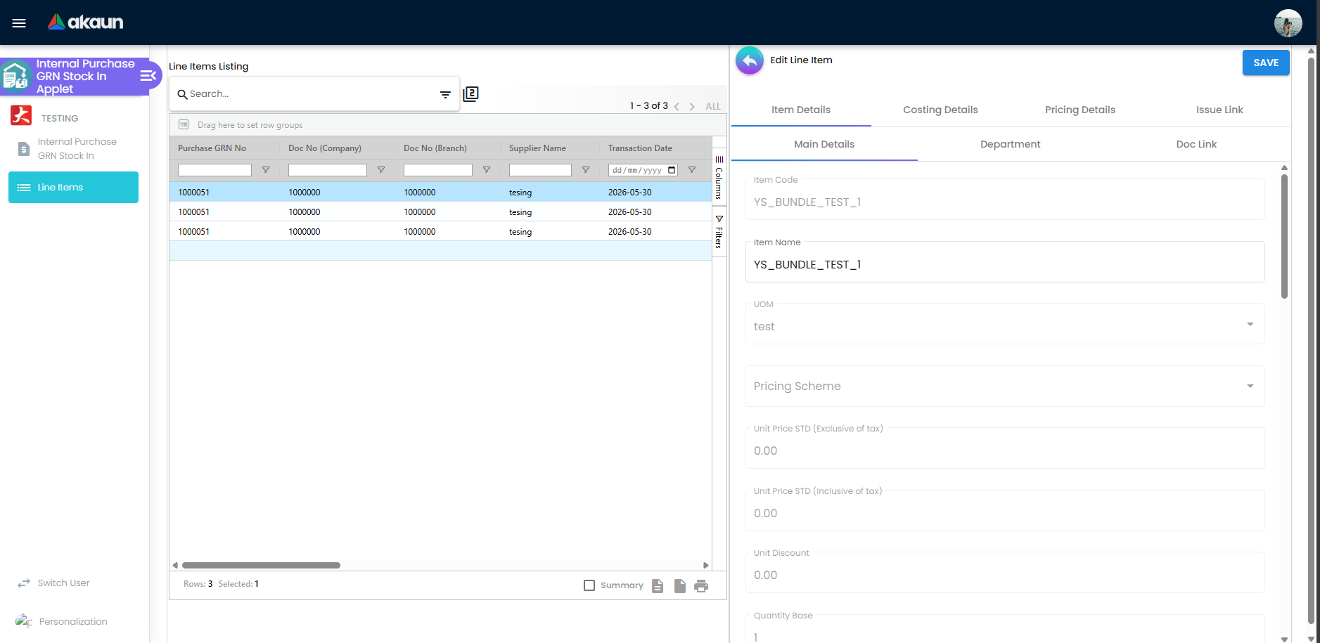 Line Items workspace showing cross-document GRN line visibility and filters