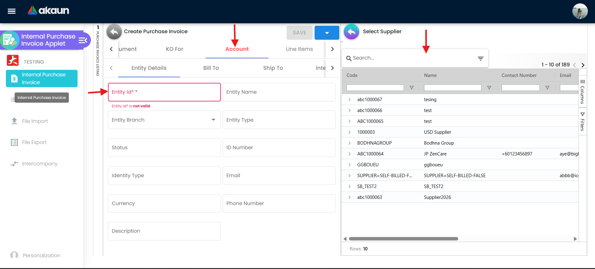 Account tab with supplier selection in purchase invoice
