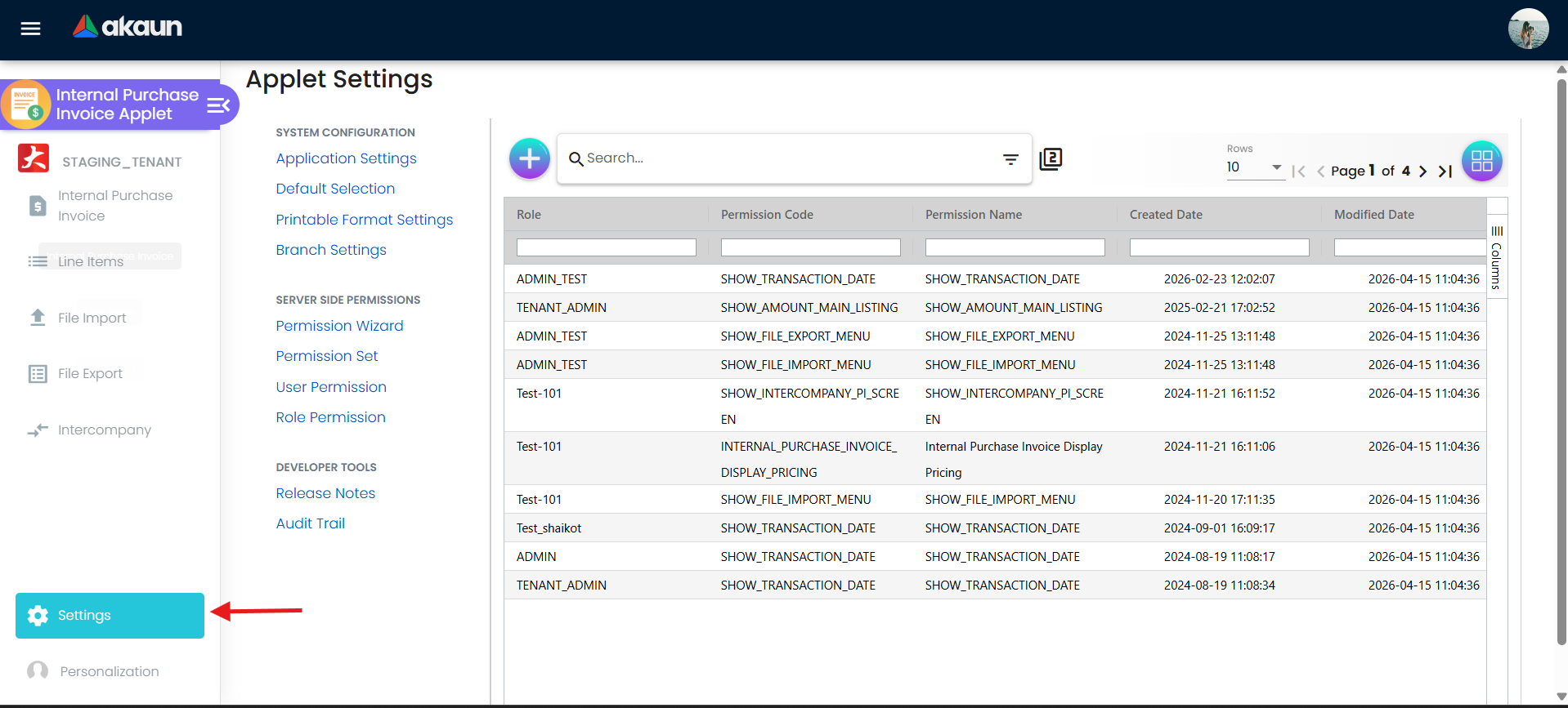 Application settings screen for purchase invoice applet configuration