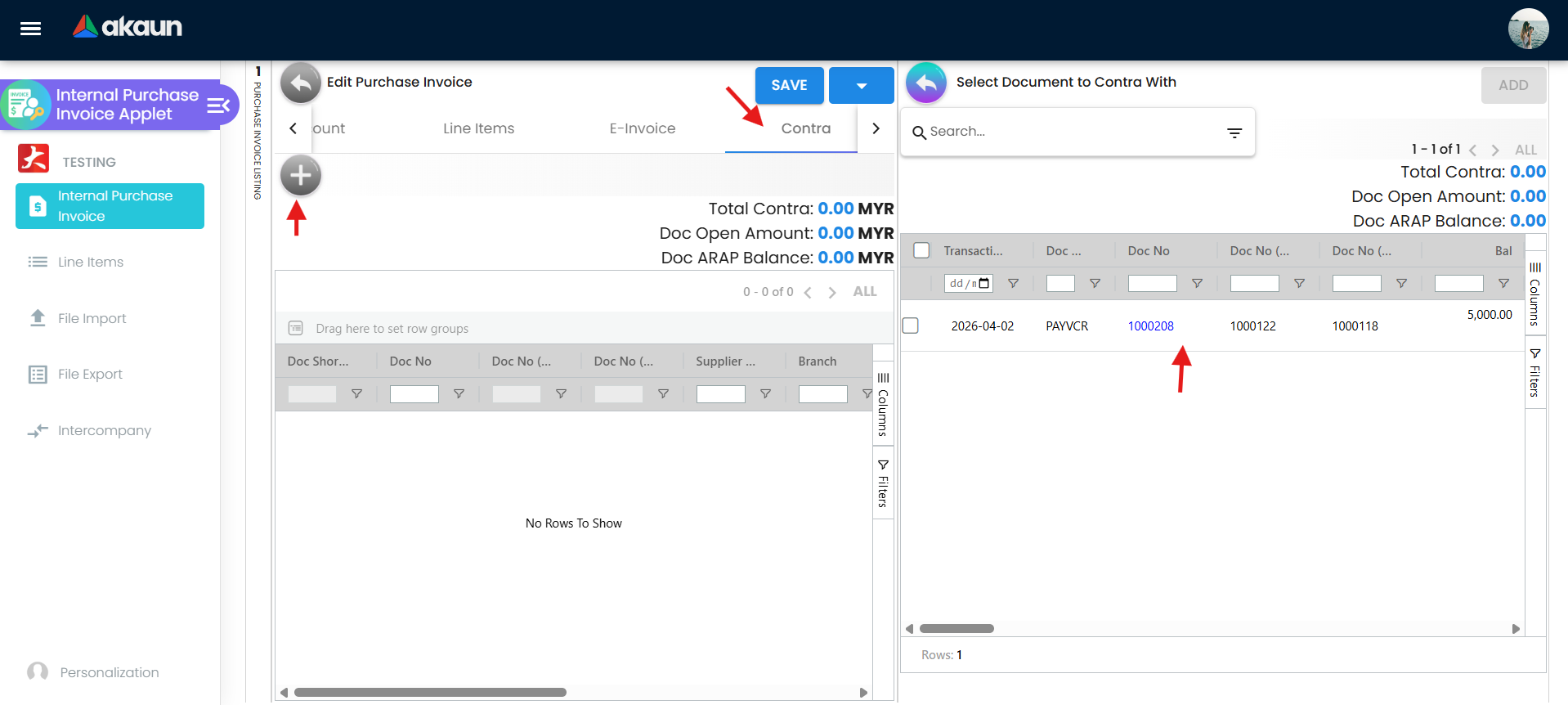 Contra tab workflow for offsetting purchase invoice with existing credit