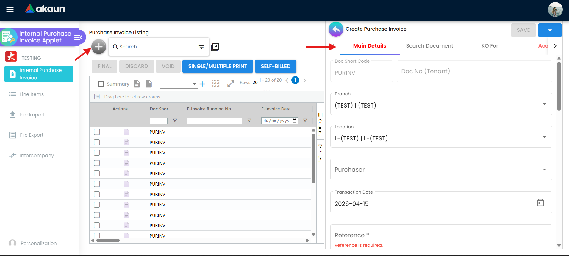 Create Purchase Invoice screen showing the initial data entry form