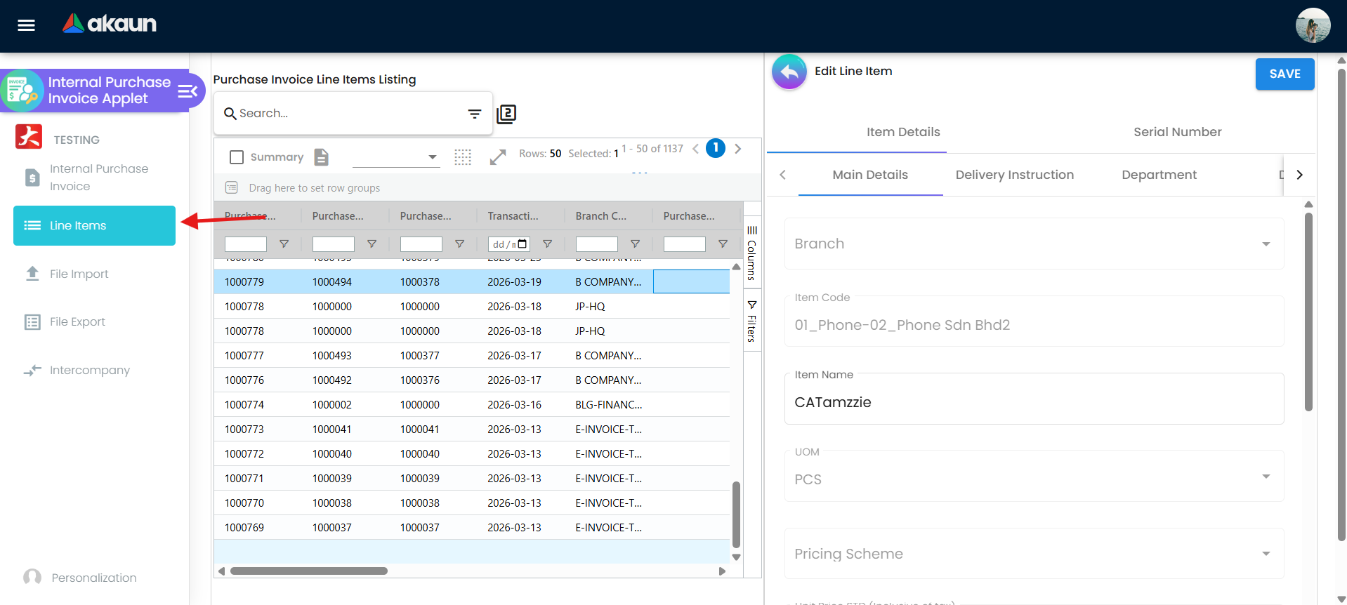 Line Items tab of a purchase invoice