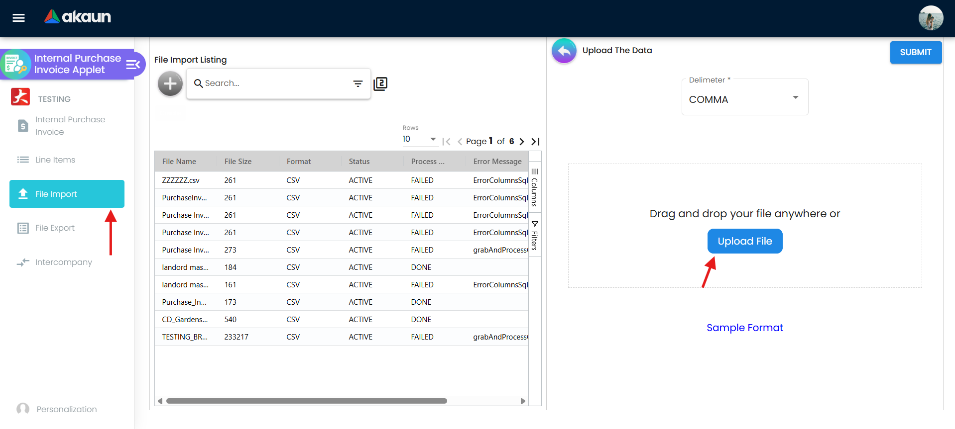 File Import workspace for template download and bulk upload