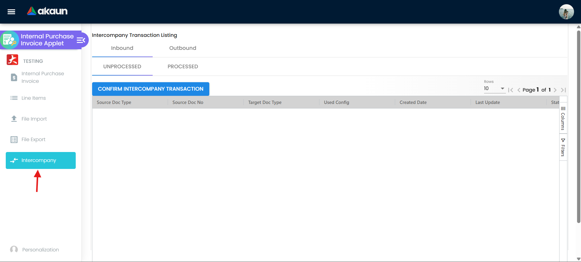 Intercompany transactions screen in purchase invoice applet