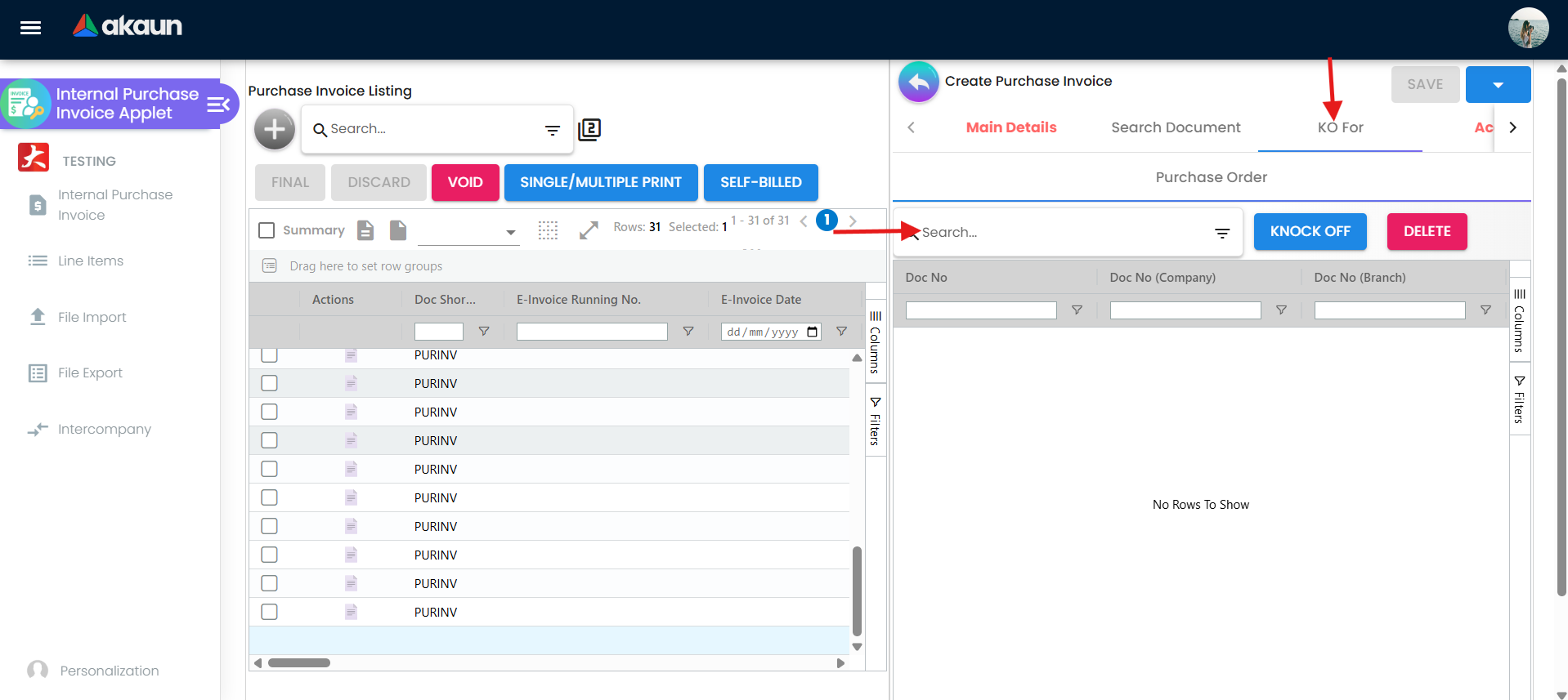 KO For tab showing source document selection using Purchase Order