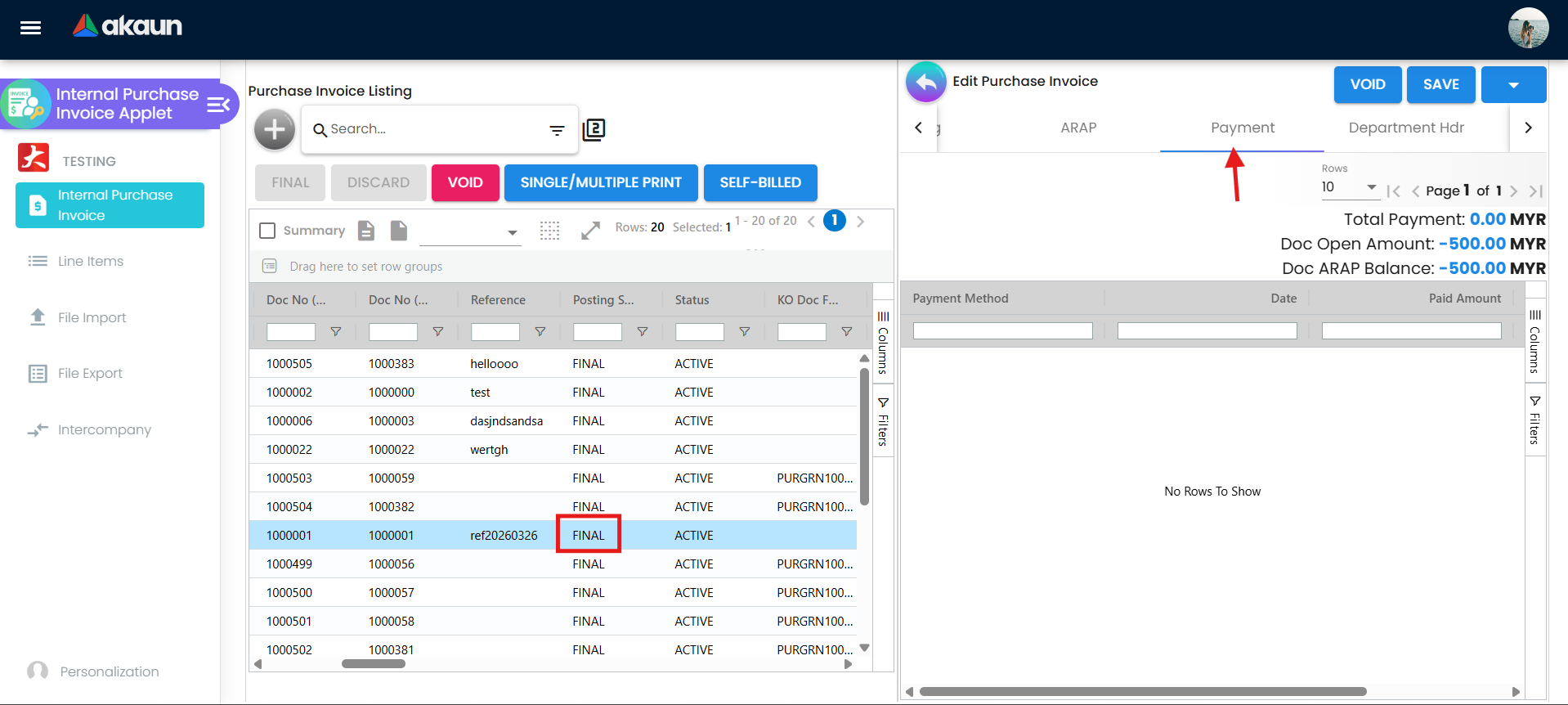 Payment tab showing payment entry for purchase invoice