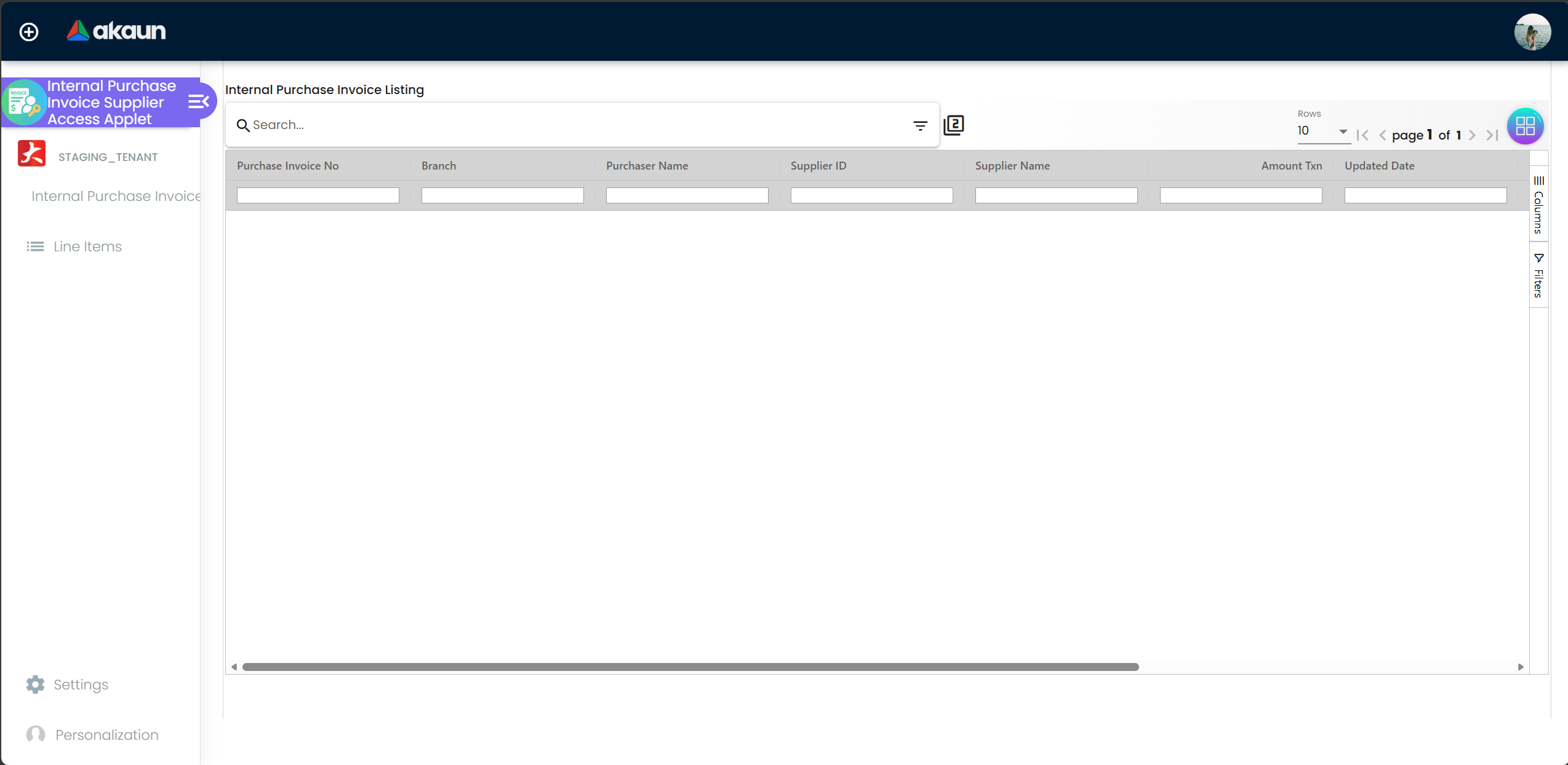 Invoice Listing showing all invoices with status and outstanding amounts