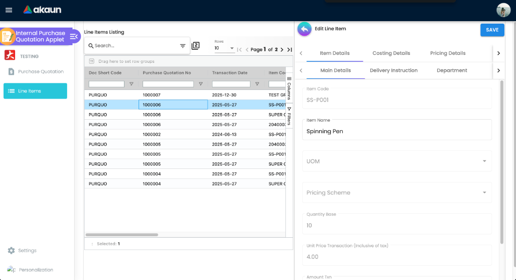 Line Items Page Interface - showing cross-document line listing grid on the left and the Edit Line Item detail panel on the right