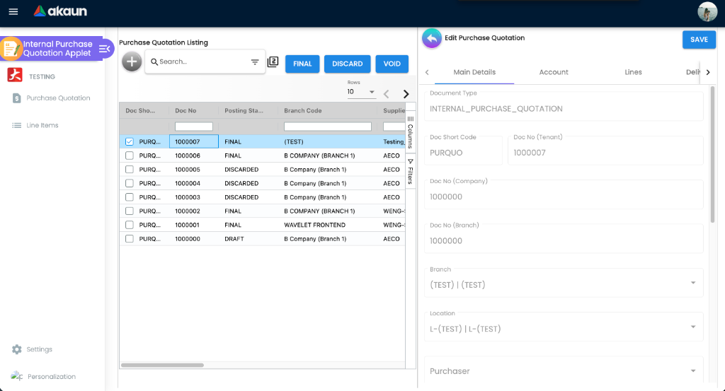 Internal Purchase Quotation Applet Workspace Interface - showing the Purchase Quotation Listing grid and the Edit Purchase Quotation Main Details view