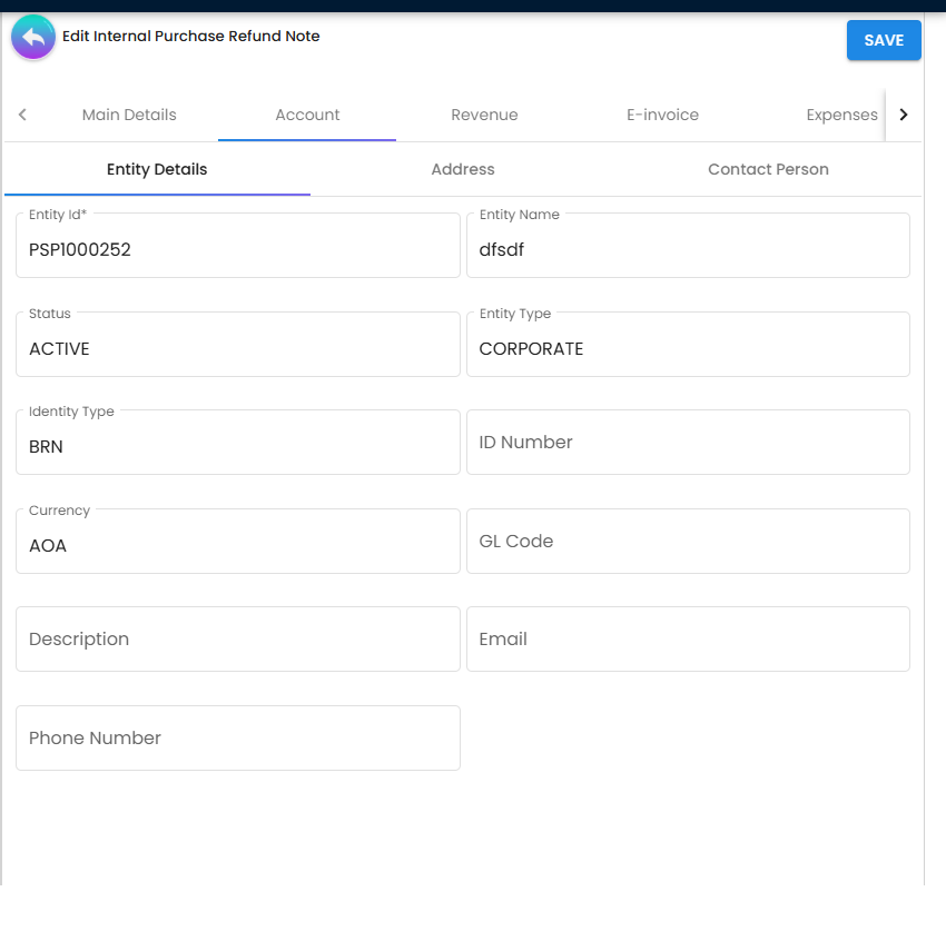 Account tab showing supplier, billing, shipping, and contact details for purchase refund note