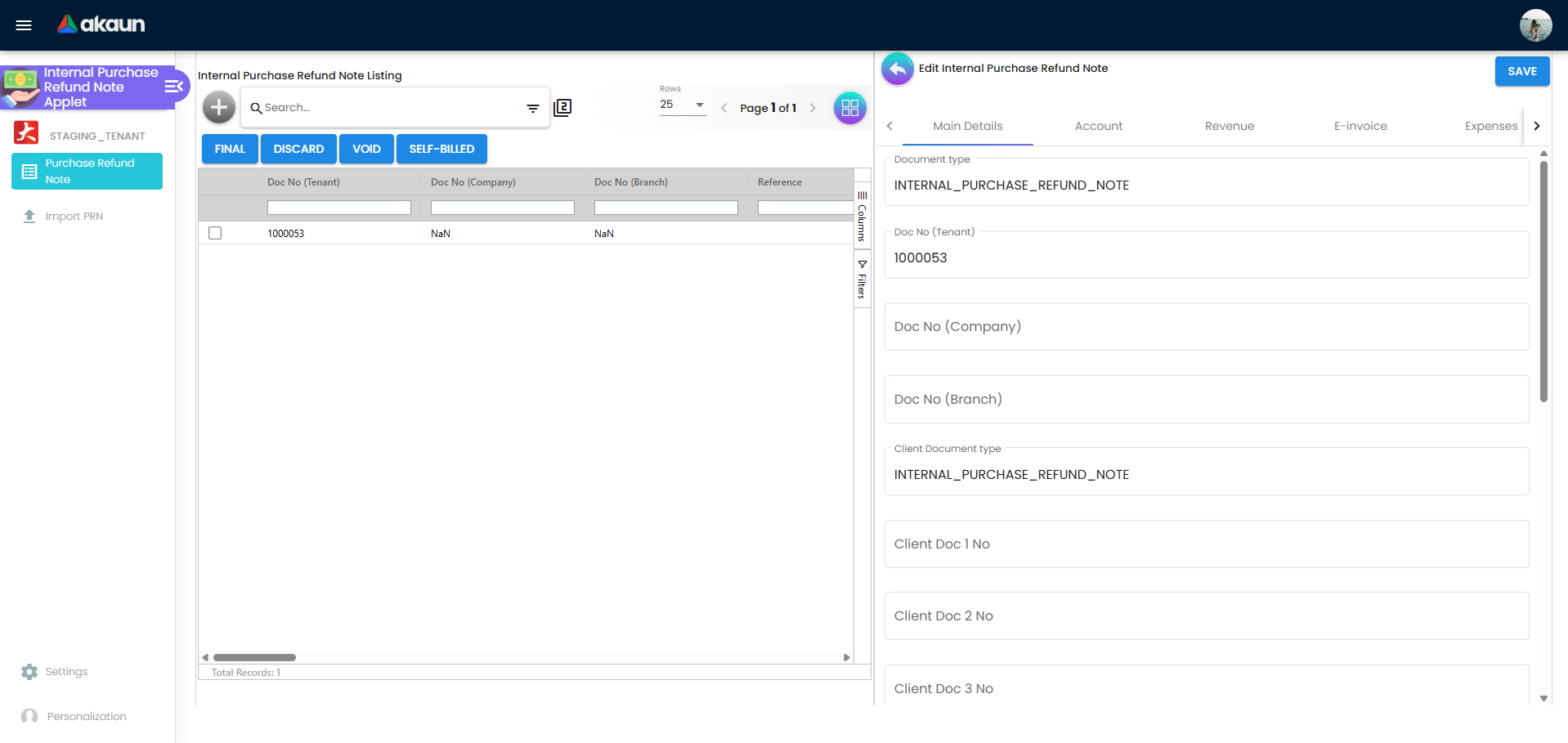 Purchase Refund Note main listing page showing transaction records and summary columns
