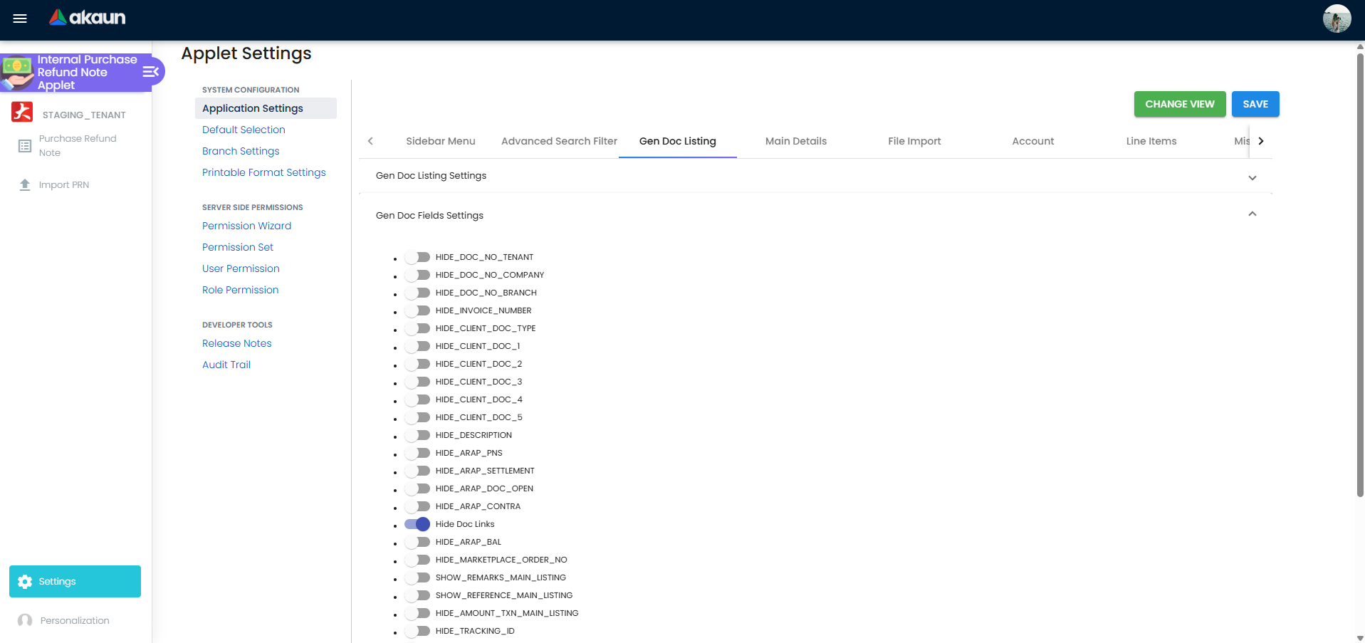 Settings page showing application settings, default selection, branch settings, and printable format settings