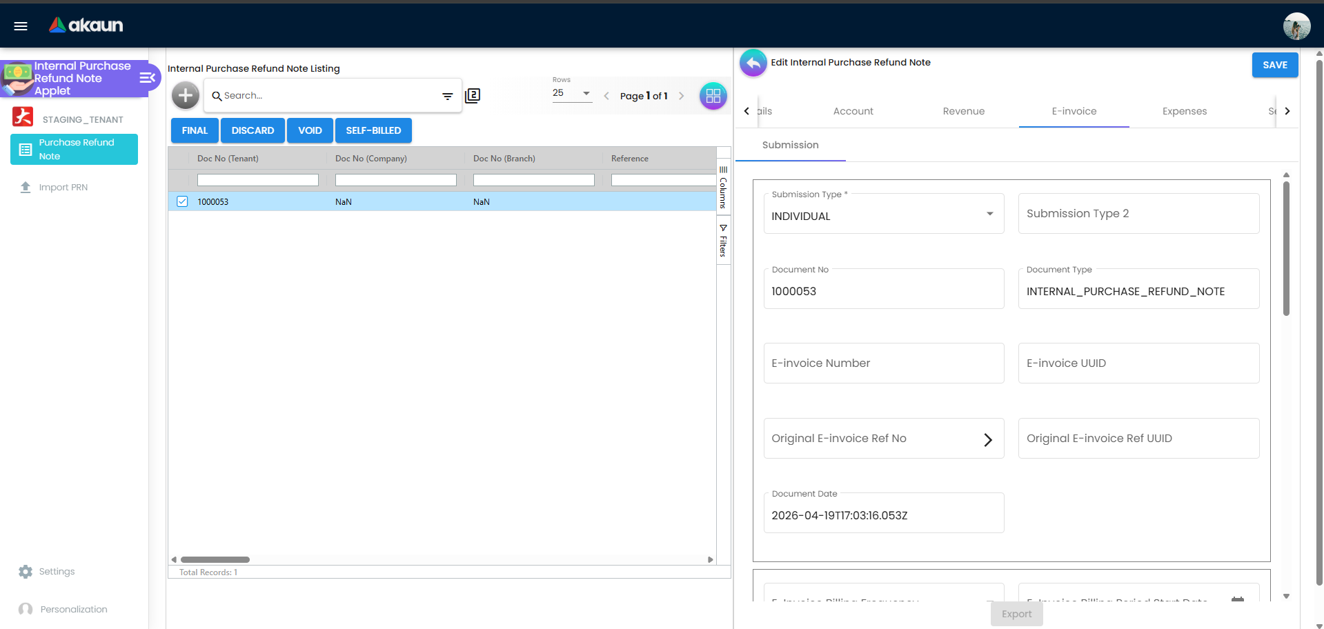 E-invoice tab in Purchase Refund Note edit view showing e-invoice related fields and status