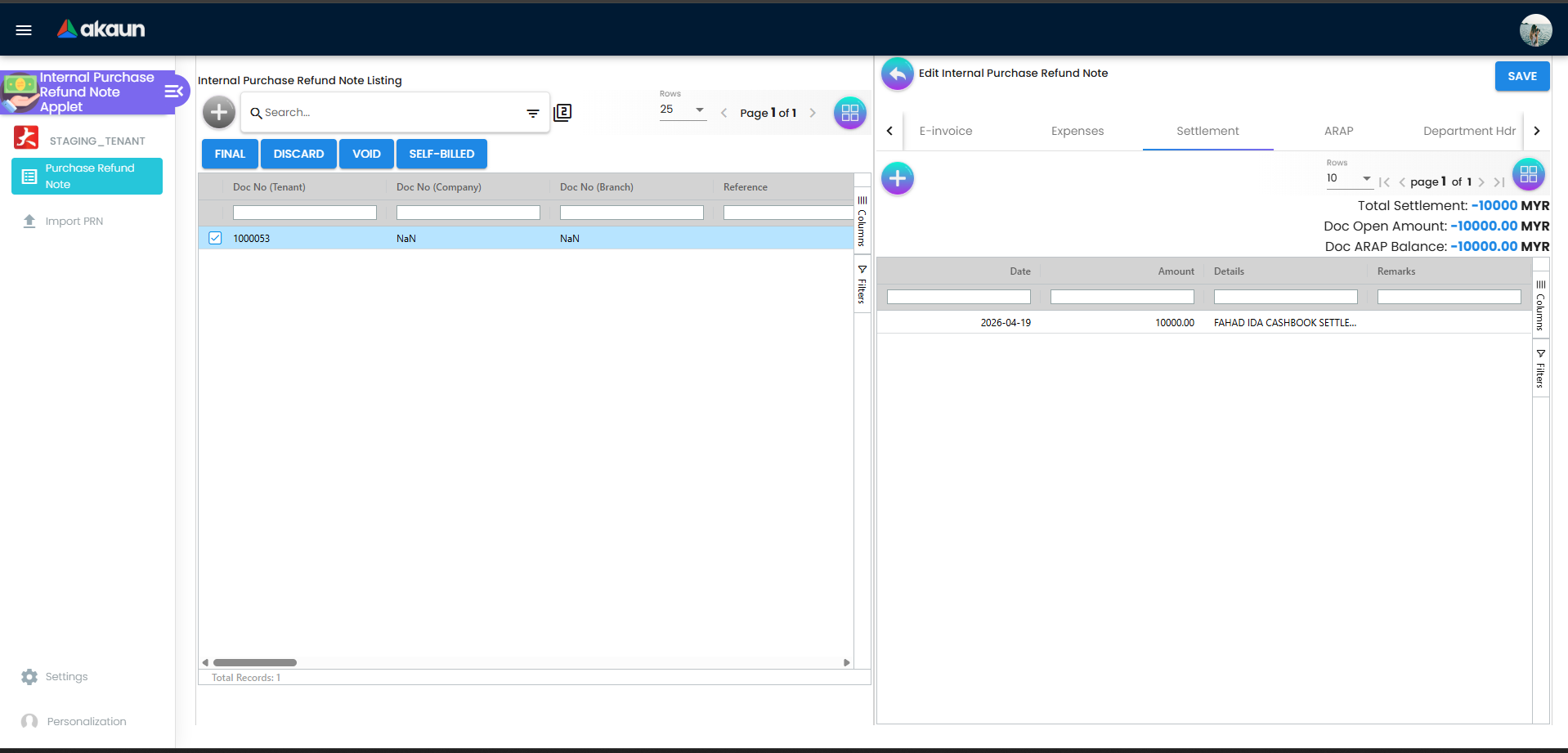 Settlement tab showing settlement methods and payment allocation details