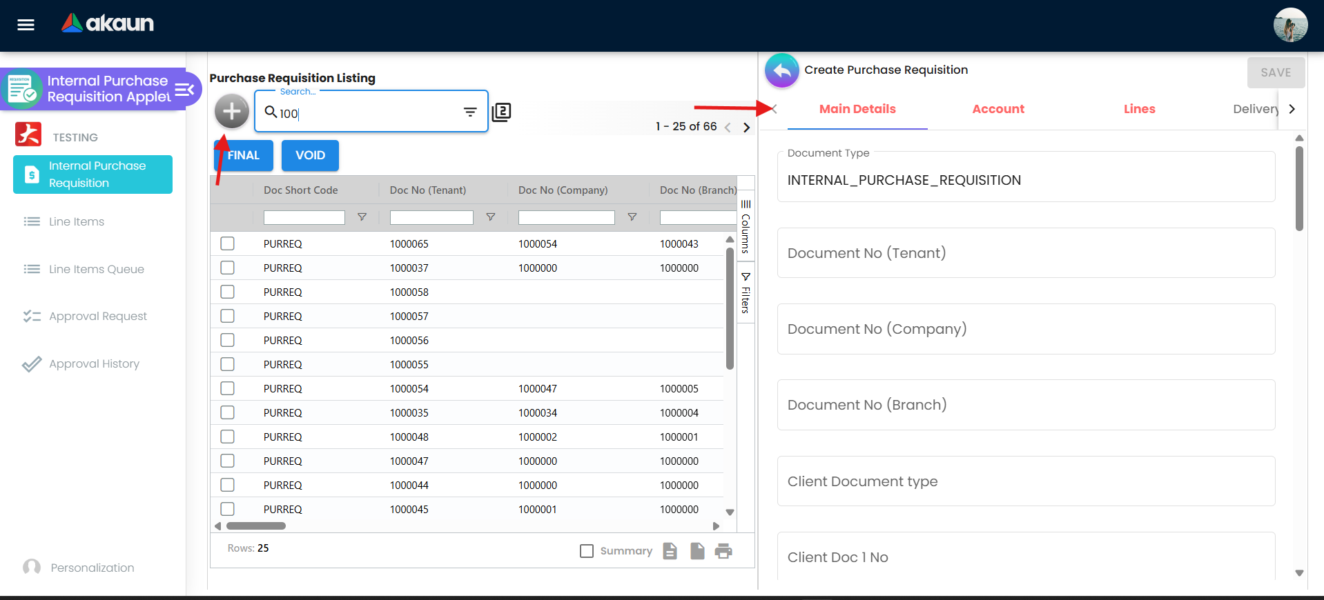 Purchase requisition create screen with main details, account, and line items areas
