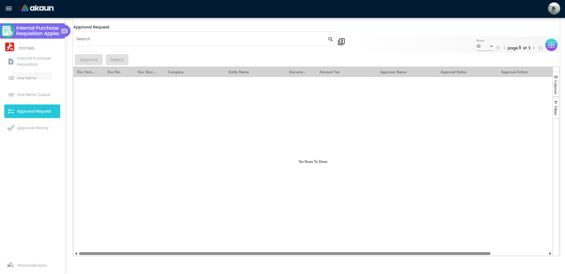 Approval Request listing with Approve and Reject actions