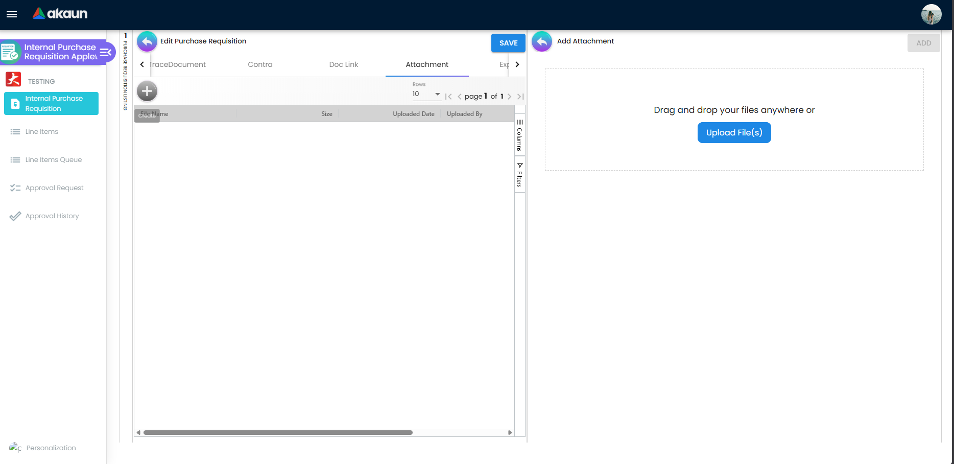 Edit Purchase Requisition Attachment tab with Add Attachment upload panel