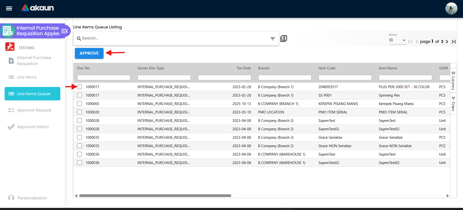 Line Items Queue with Approve action for pending lines