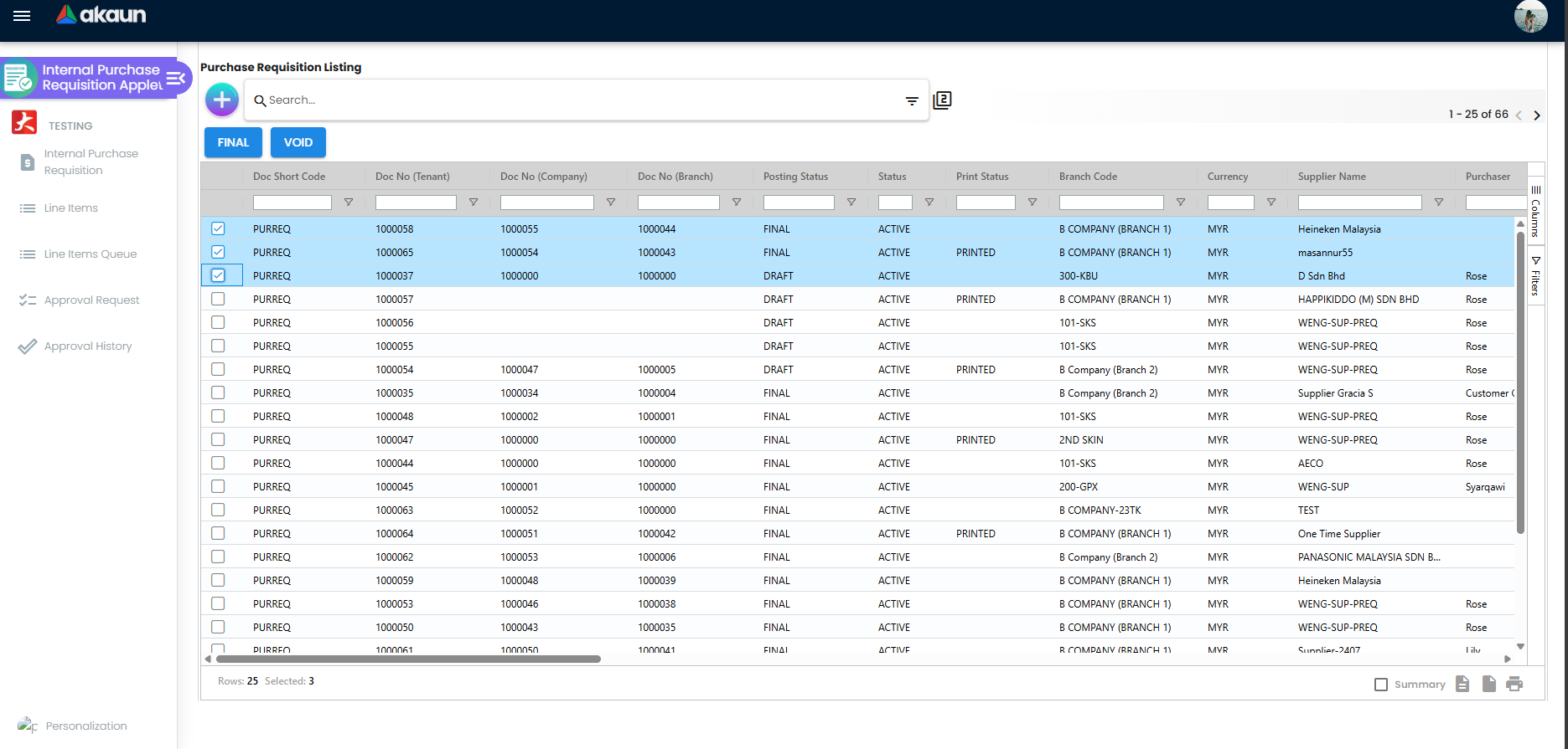 Purchase Requisition listing with Create, search, Final, and Void actions