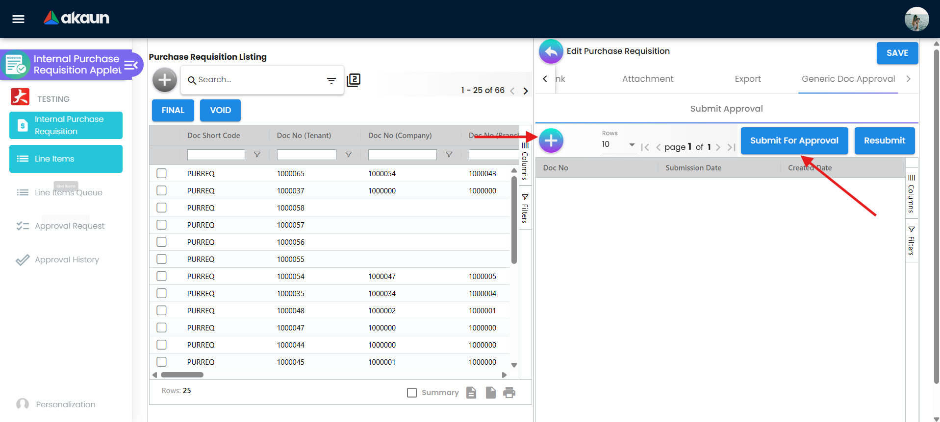 Submit for approval or generic doc approval area on a purchase requisition