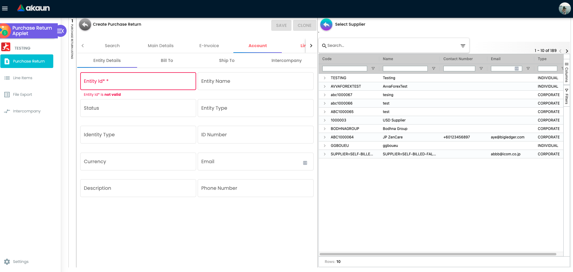 Account Tab — Entity Details