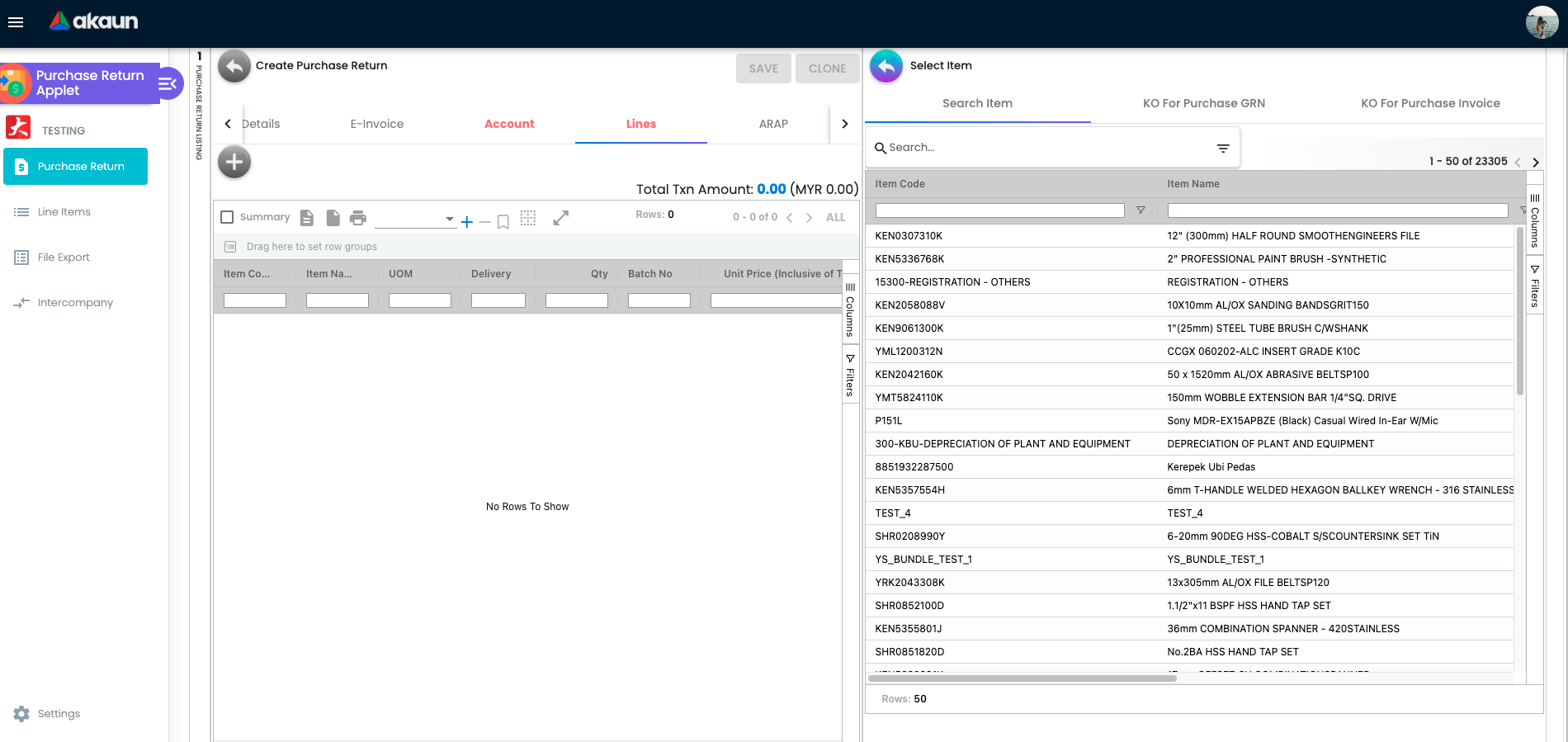 Line Items Tab — Select Item