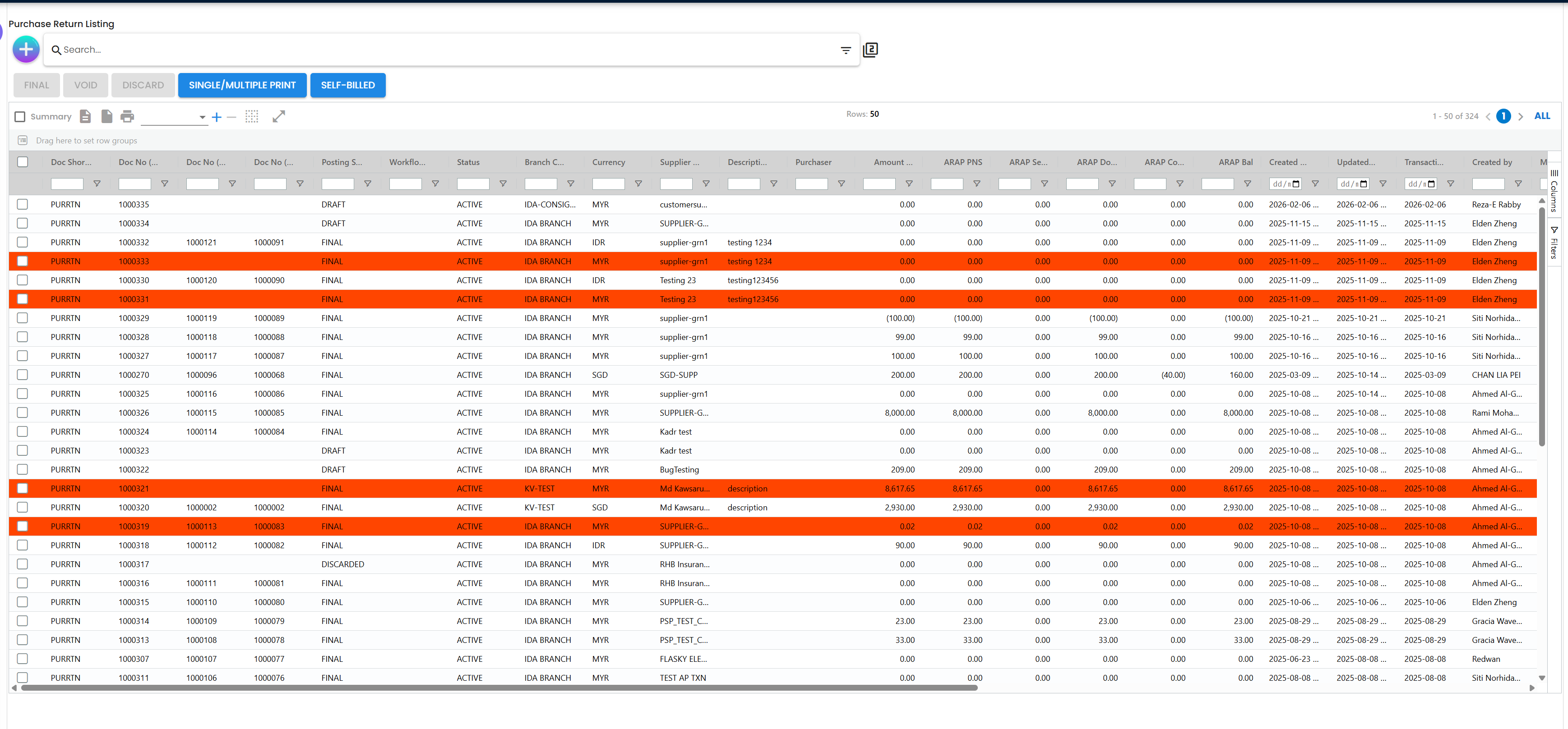 Internal Purchase Return Main Listing