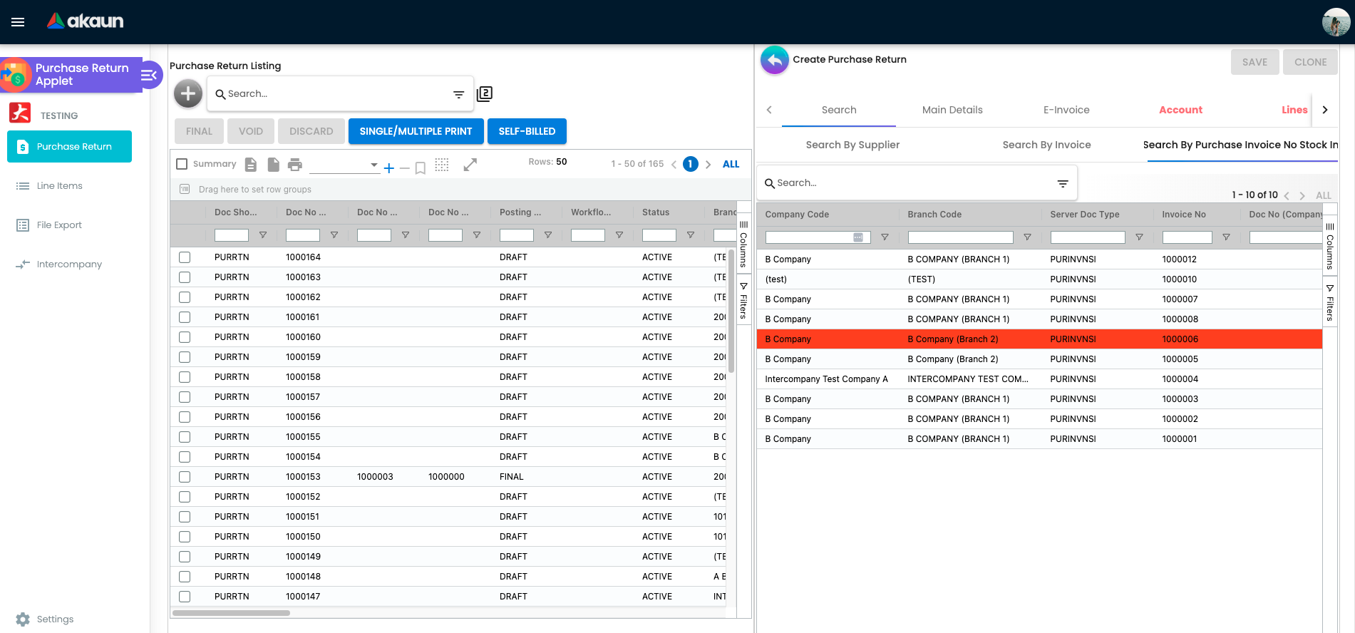 Search Tab — Invoice Selected