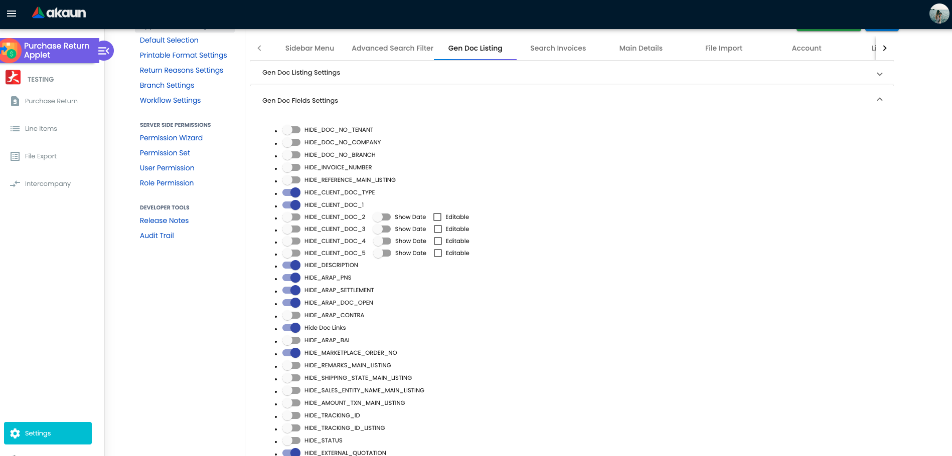 Application Settings — Gen Doc Listing
